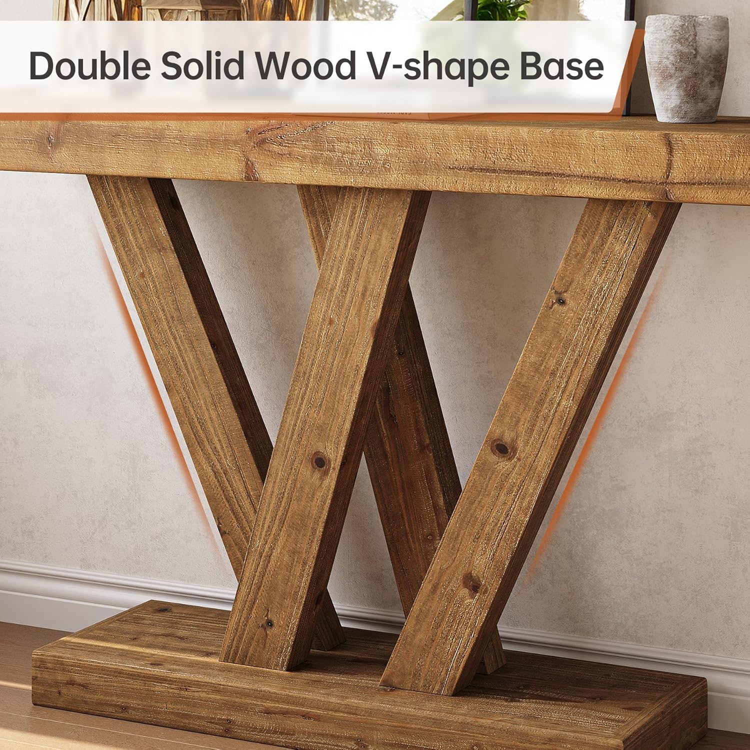 Solid Wood Console Table, 47.2" Farmhouse Sofa Table with Double V-Shape Base - Image 7
