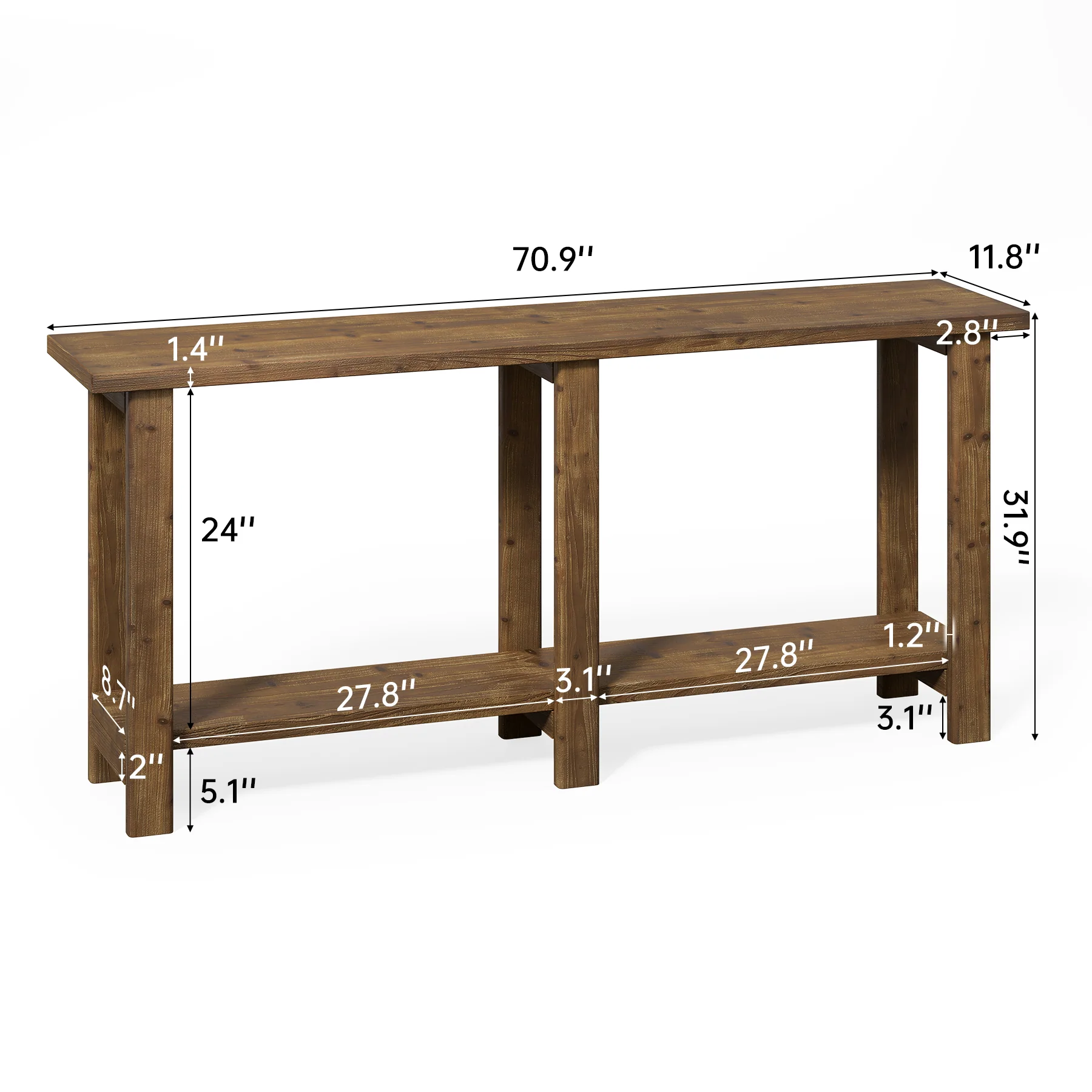 Solid Wood Console Table, 70.9" Sofa Table Behind Couch for Entryway - Image 2