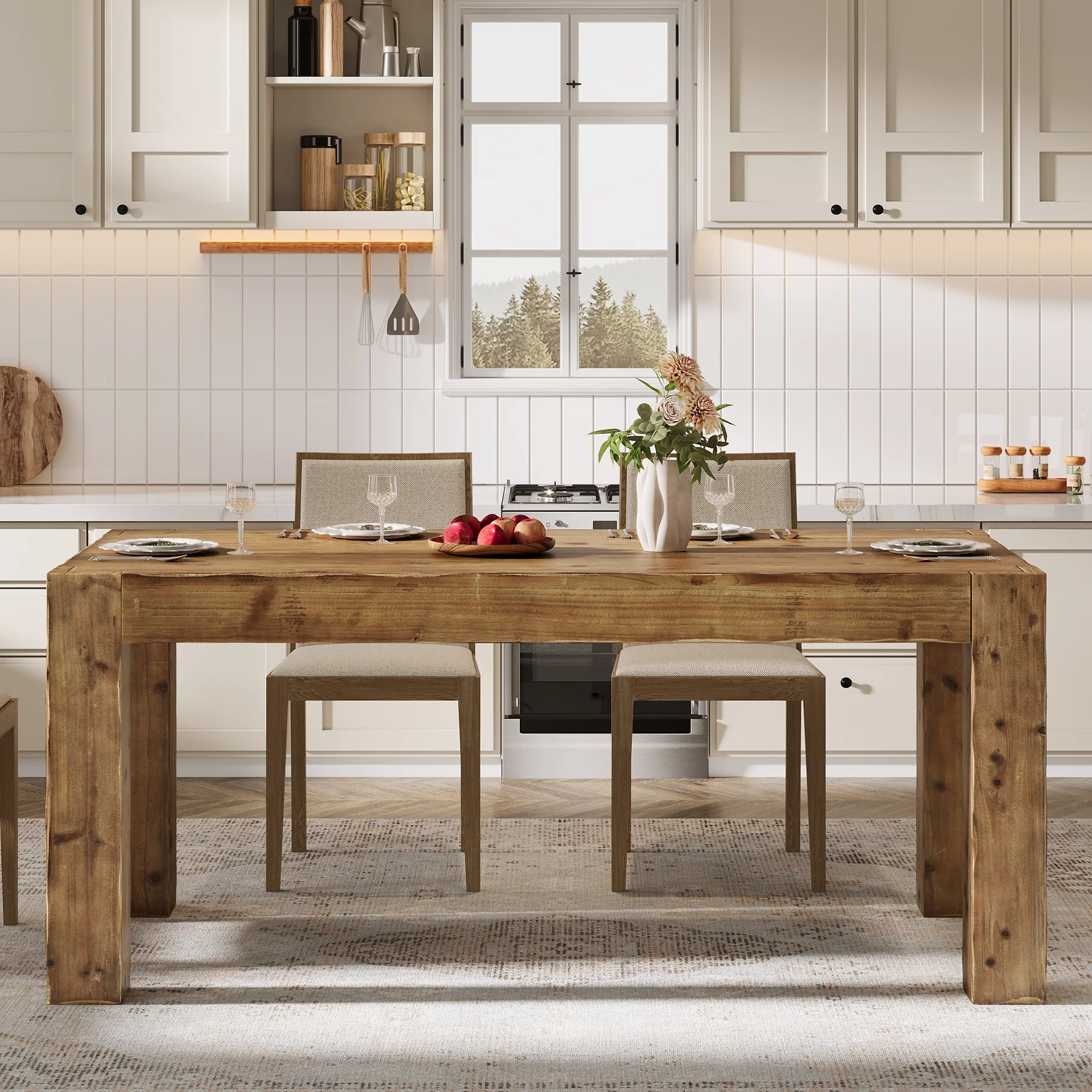 63" Dining Table, Solid Wood Dinner Kitchen Table For 4 To 6 - Image 5