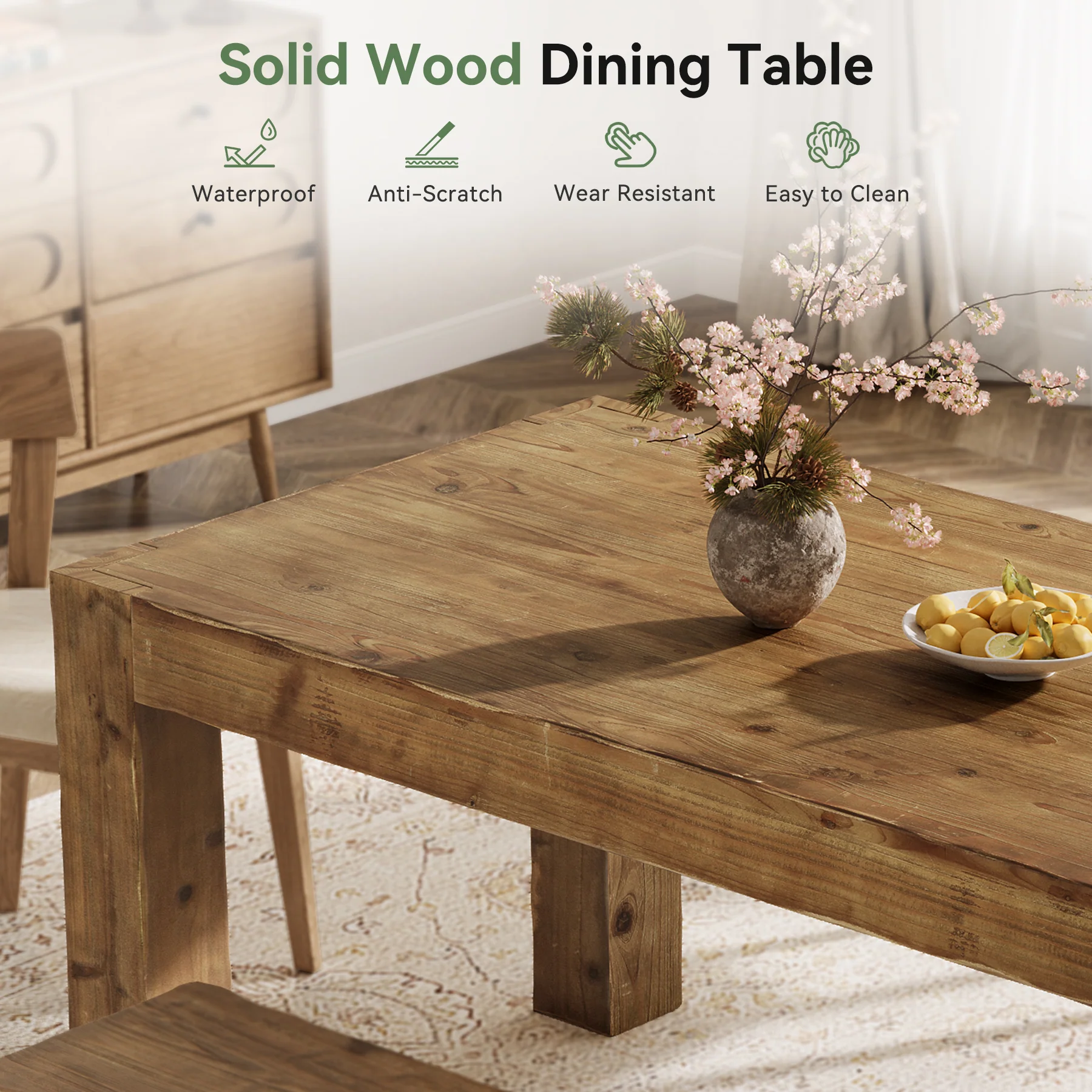 63" Dining Table, Solid Wood Dinner Kitchen Table For 4 To 6 - Image 7