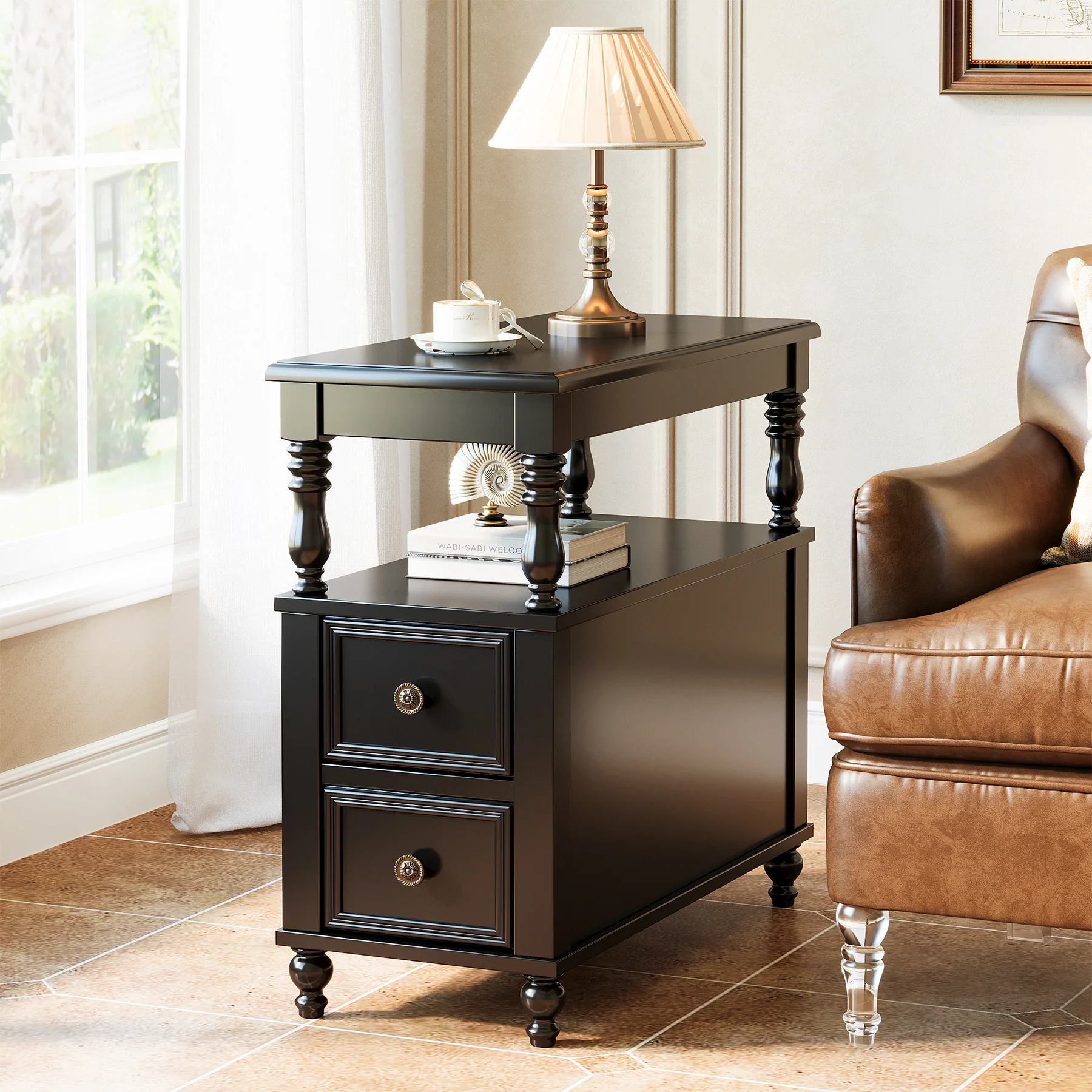 23.6" End Table, Solid Wood Accent Nightstand Bedside Table with Double Drawer - Image 10