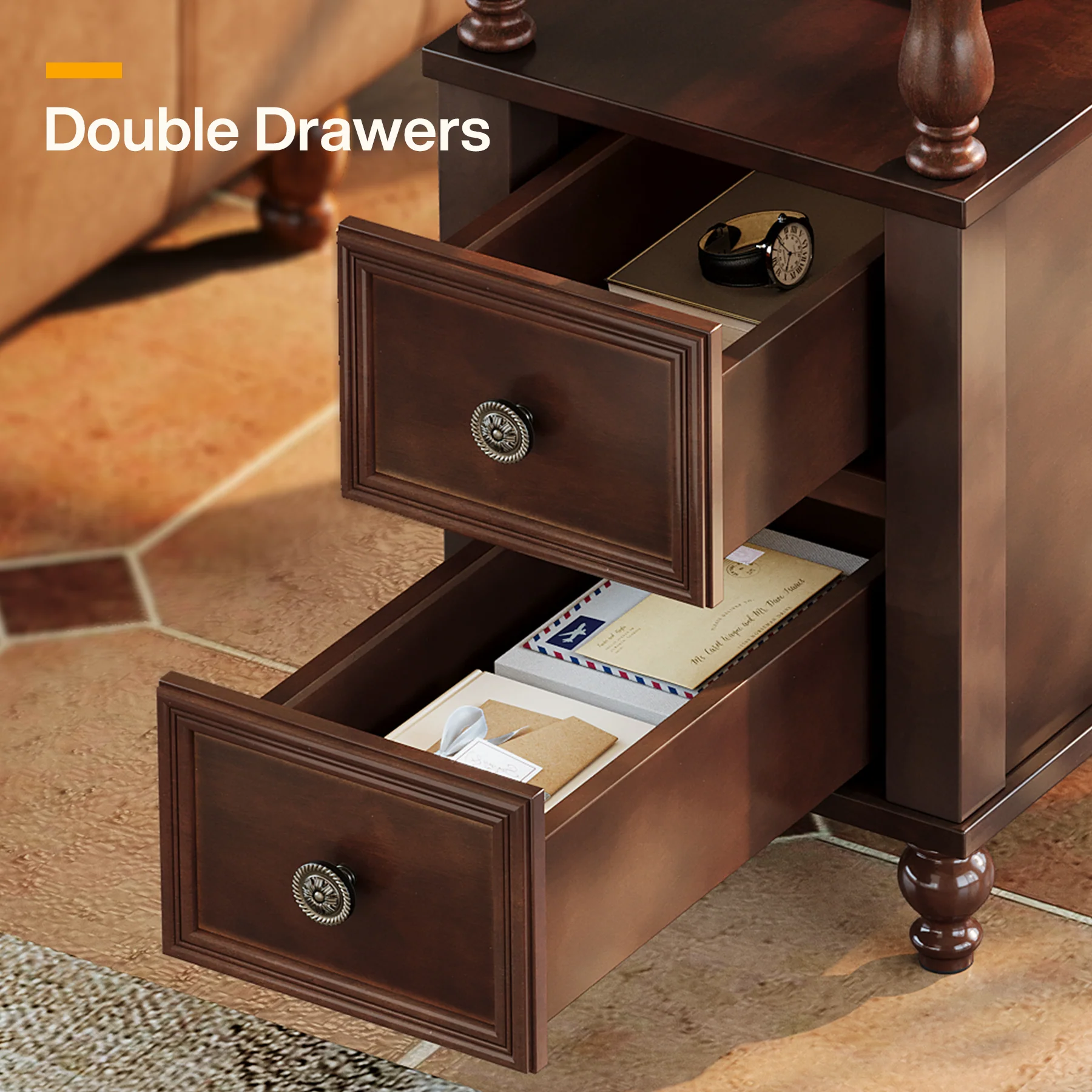 23.6" End Table, Solid Wood Accent Nightstand Bedside Table with Double Drawer - Image 6