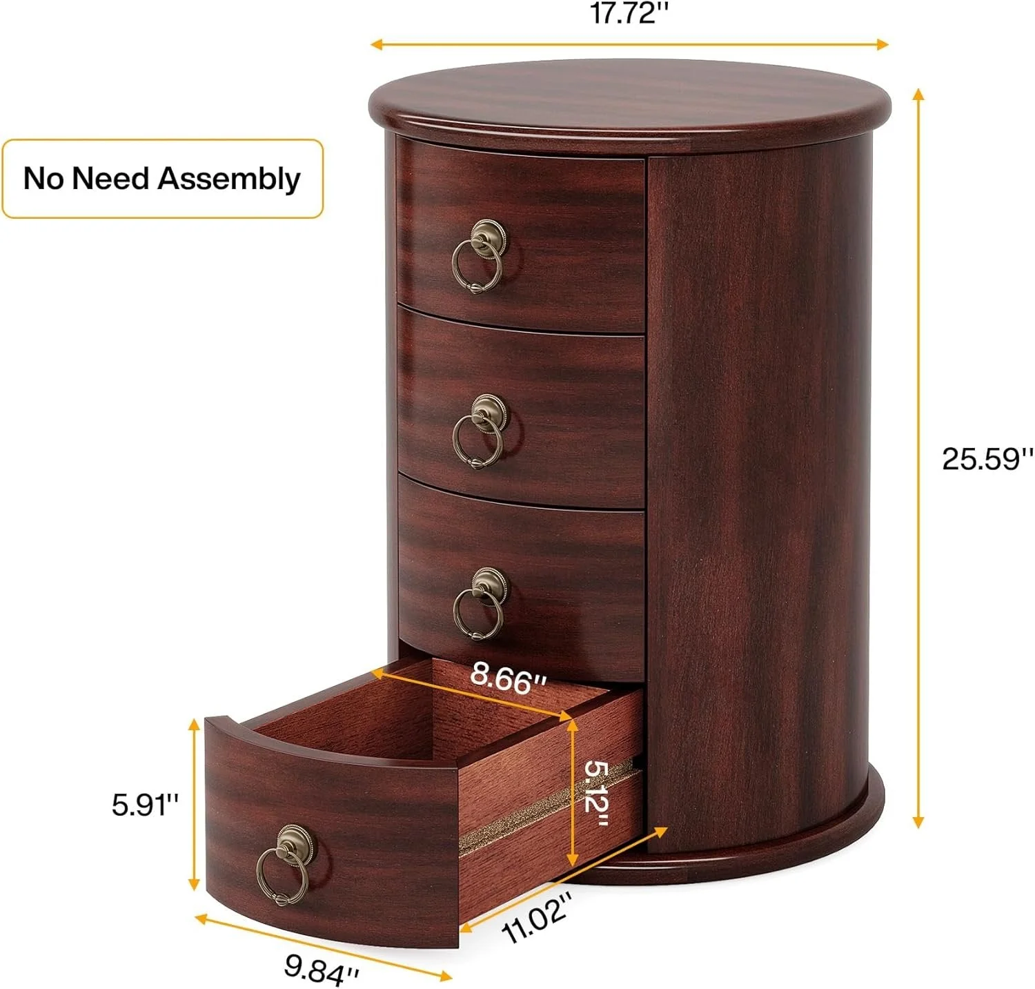 Wood Nightstand, Round Bedside Table  with 4 Drawers(No Assembly Required) - Image 2