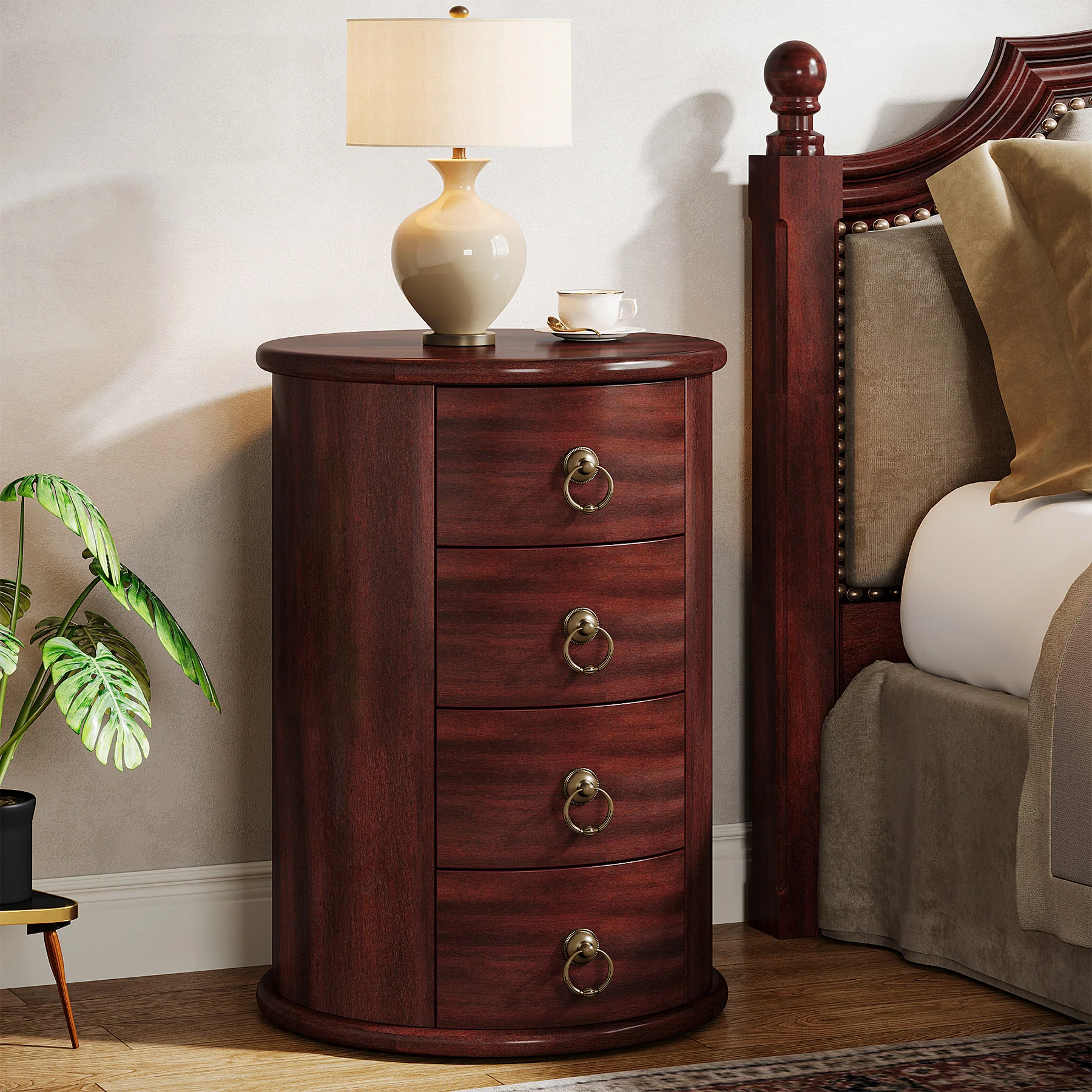 Wood Nightstand, Round Bedside Table  with 4 Drawers(No Assembly Required) - Image 3