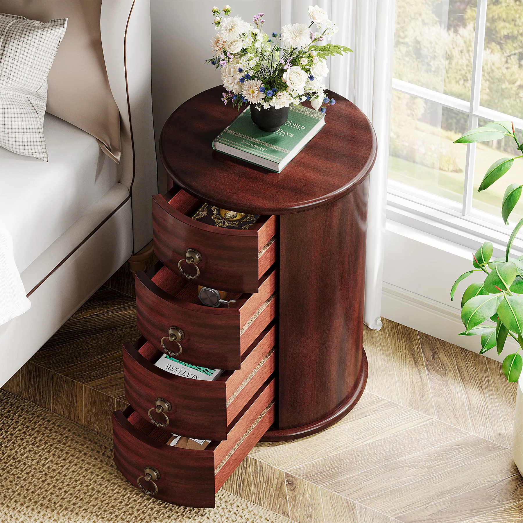 Wood Nightstand, Round Bedside Table  with 4 Drawers(No Assembly Required) - Image 4