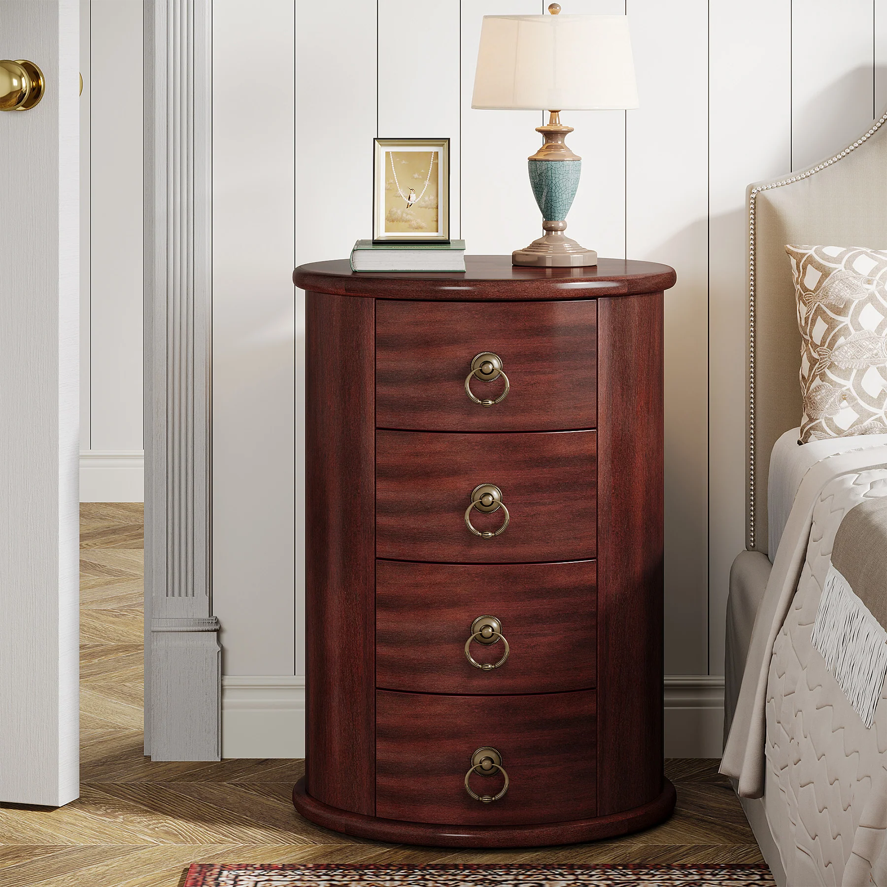 Wood Nightstand, Round Bedside Table  with 4 Drawers(No Assembly Required) - Image 5