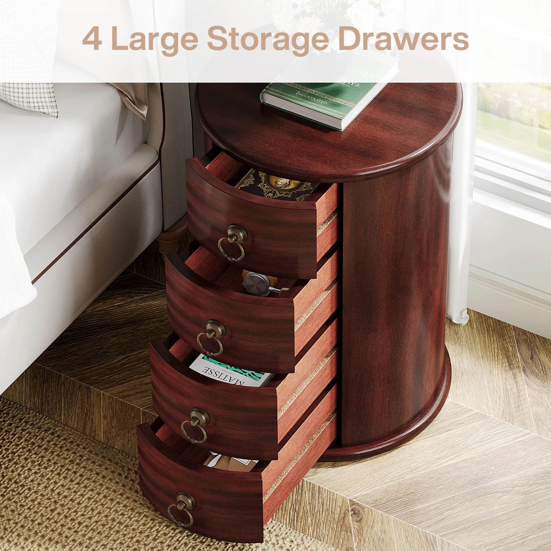 Wood Nightstand, Round Bedside Table  with 4 Drawers(No Assembly Required) - Image 6