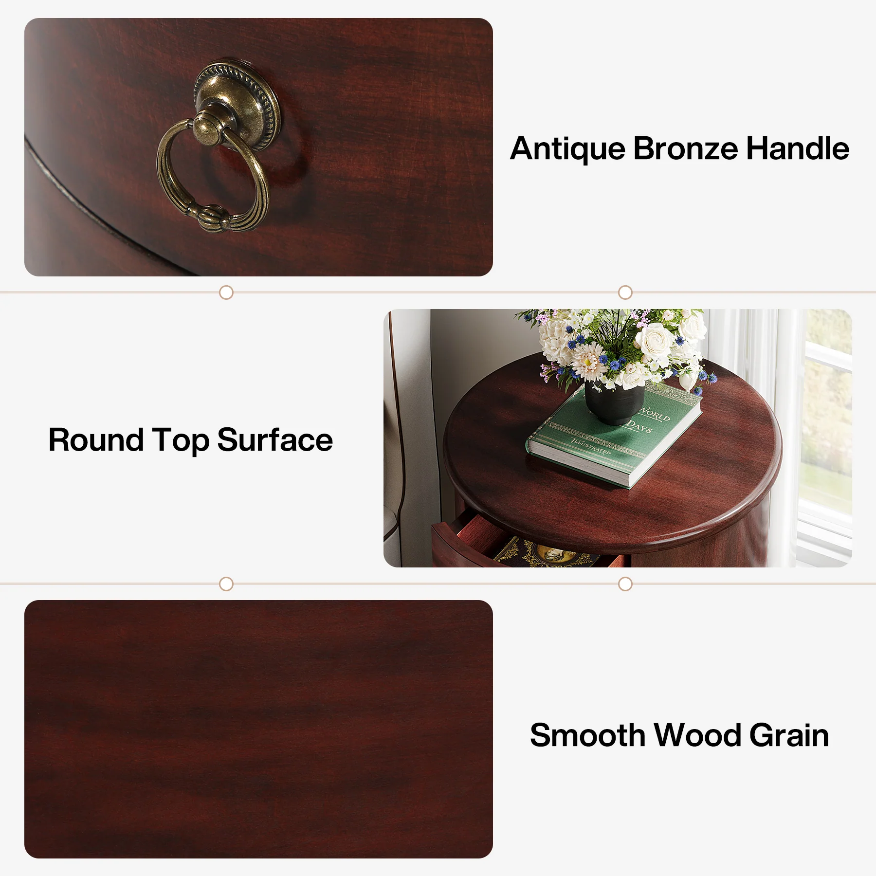 Wood Nightstand, Round Bedside Table  with 4 Drawers(No Assembly Required) - Image 7