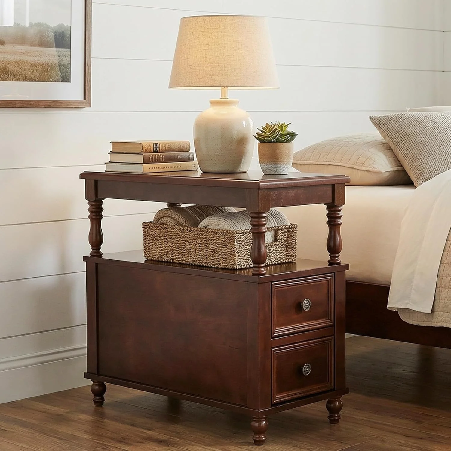 Solid Wood Nightstand with 2 Drawers, Bedside Table with Open Shelf - Image 3