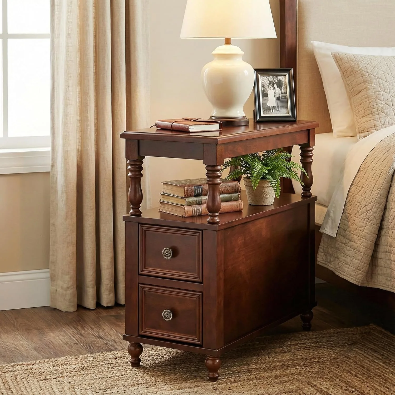 Solid Wood Nightstand with 2 Drawers, Bedside Table with Open Shelf - Image 4
