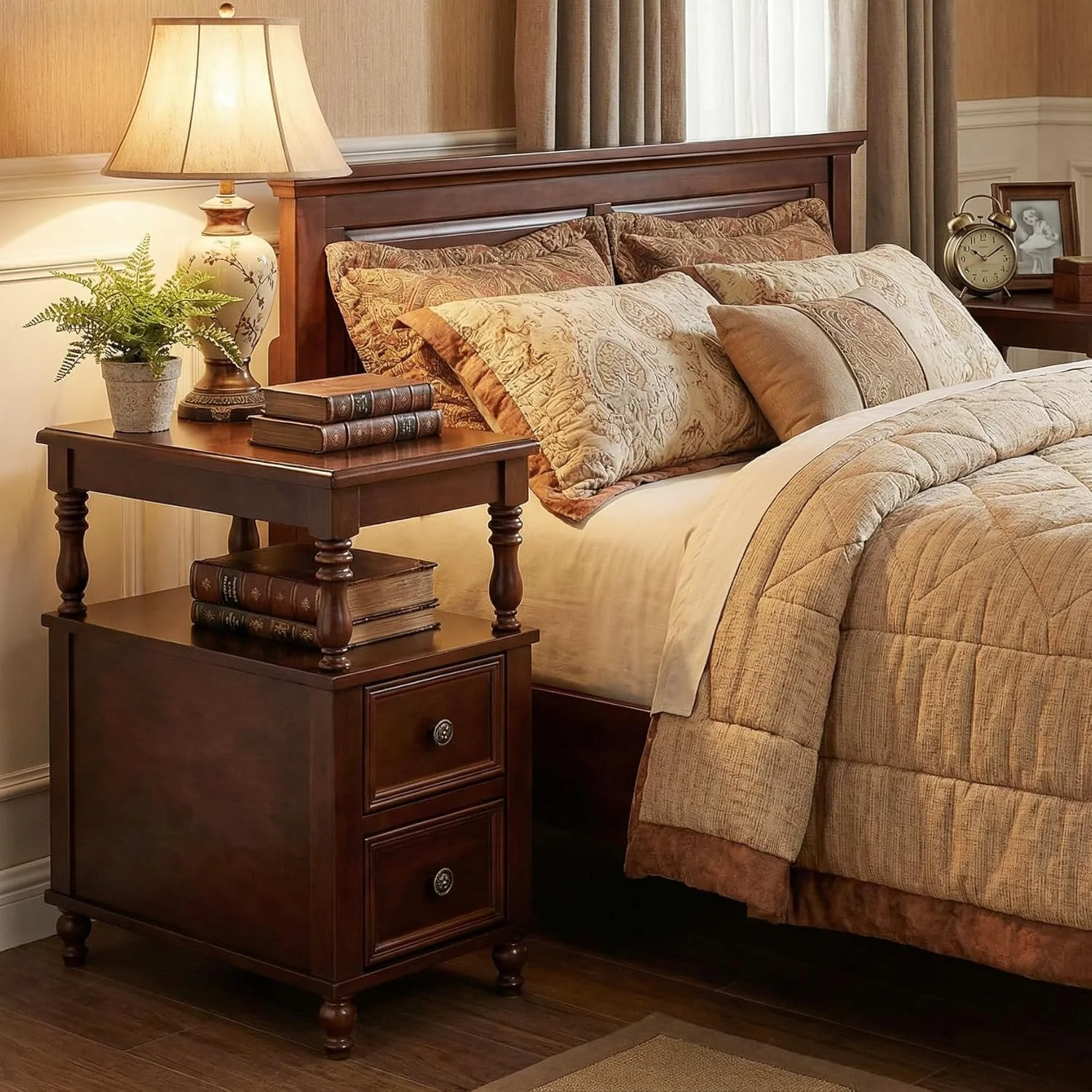 Solid Wood Nightstand with 2 Drawers, Bedside Table with Open Shelf - Image 6