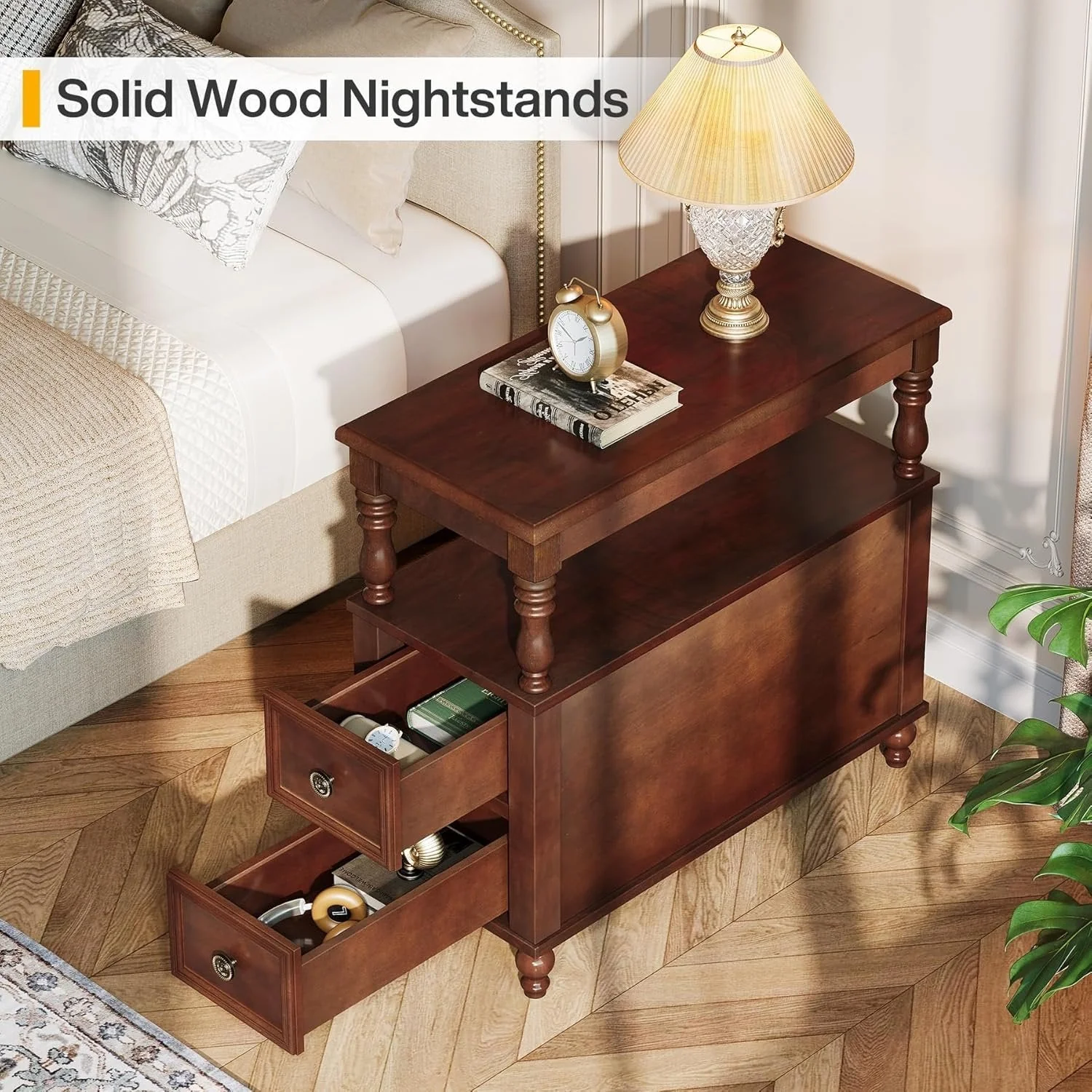 Solid Wood Nightstand with 2 Drawers, Bedside Table with Open Shelf - Image 7