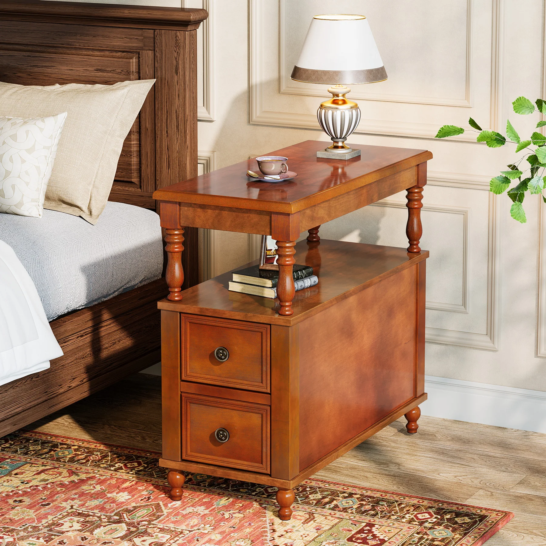 Solid Wood Nightstand with 2 Drawers, Bedside Table with Open Shelf - Image 9