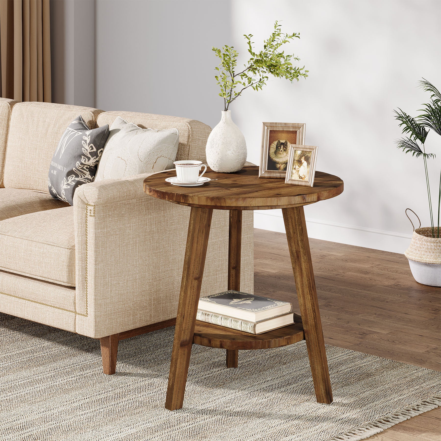 Solid Wood Round End Table, Farmhouse Sofa Side Table with Storage Shelf - Image 4