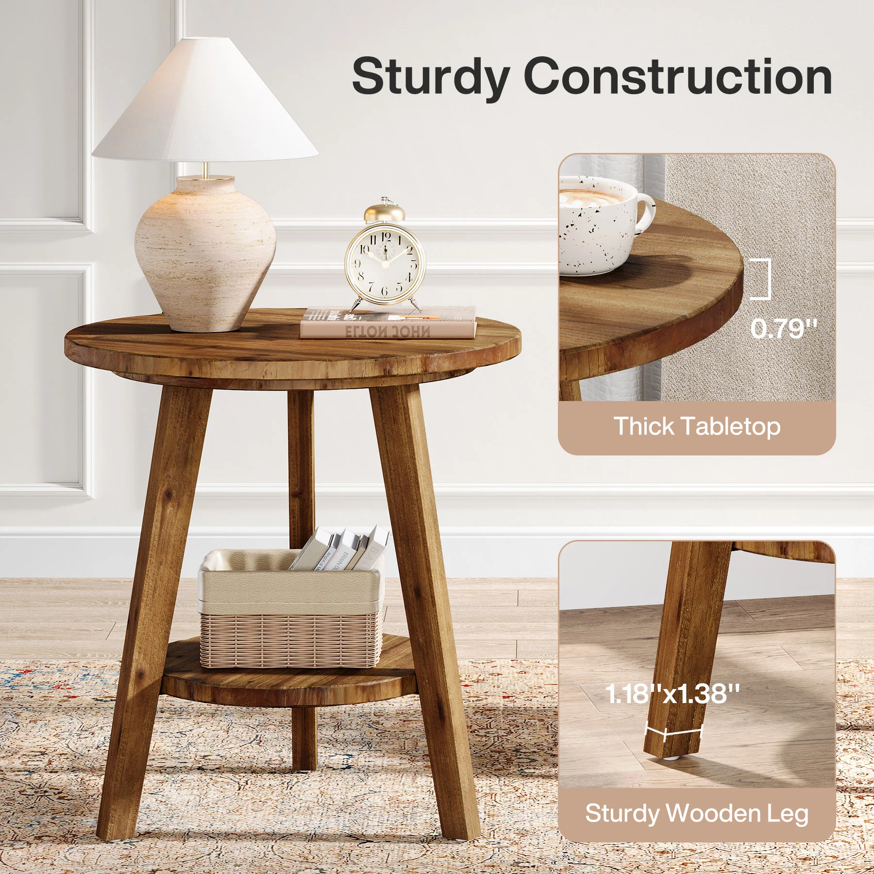 Solid Wood Round End Table, Farmhouse Sofa Side Table with Storage Shelf - Image 5