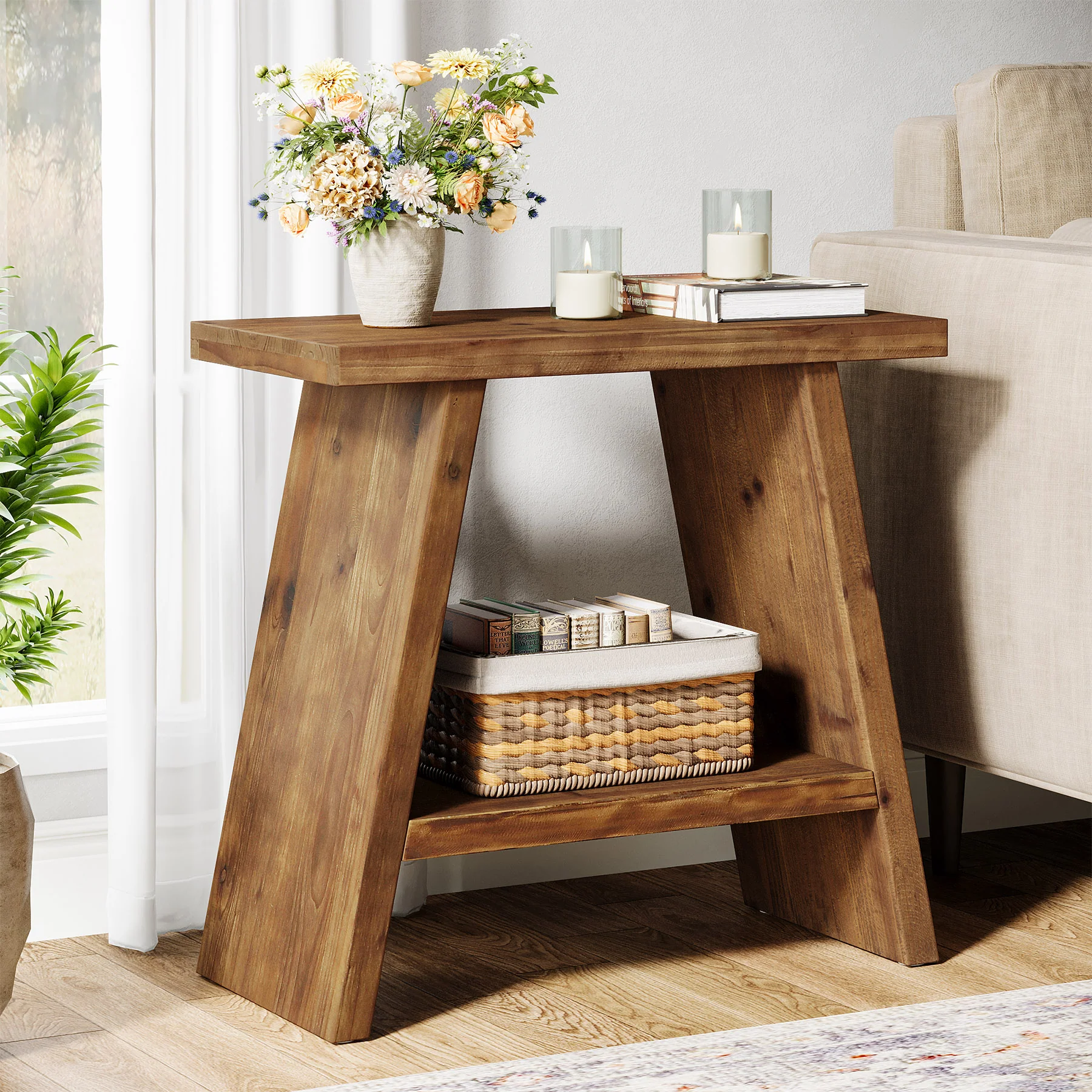 23.6" End Table, Solid Wood Small Side Table with 2-Tier Storage - Image 3