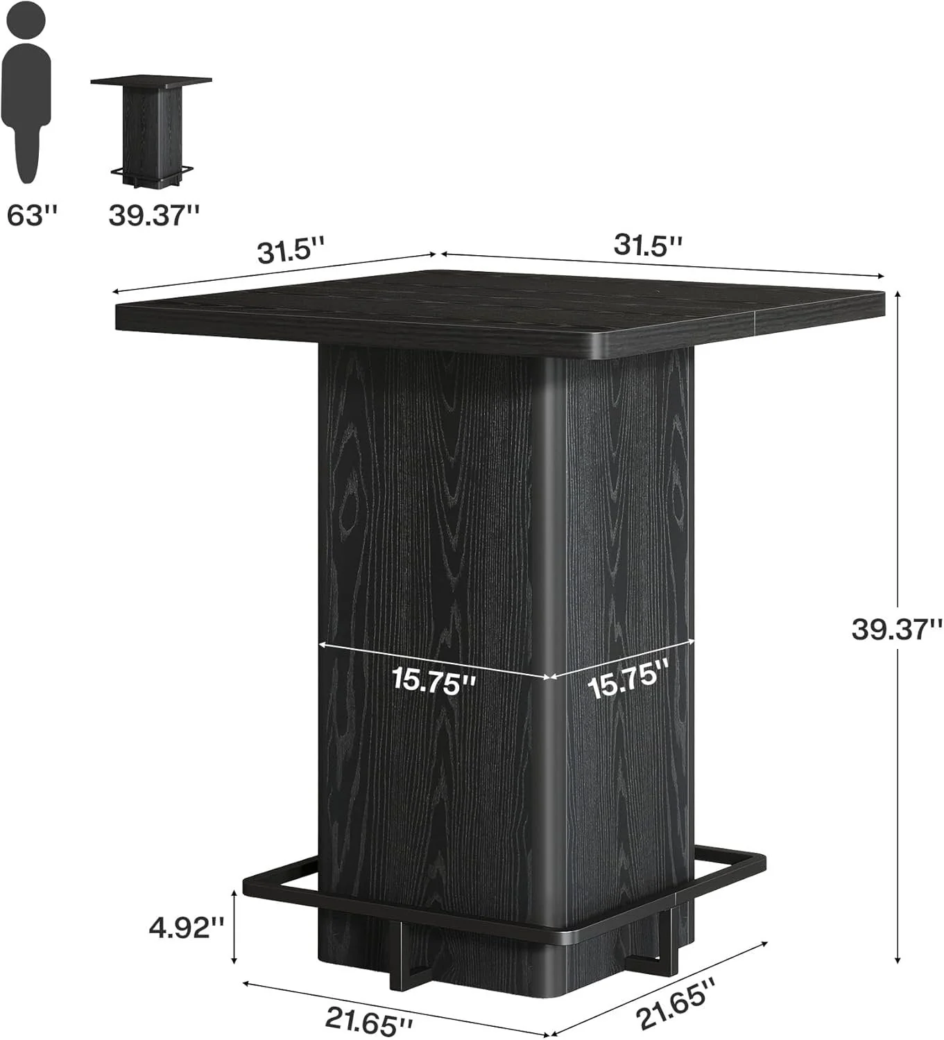 Square Bar Table, 39.37" Bistro Pub Table with Metal Frame Footrest - Image 2