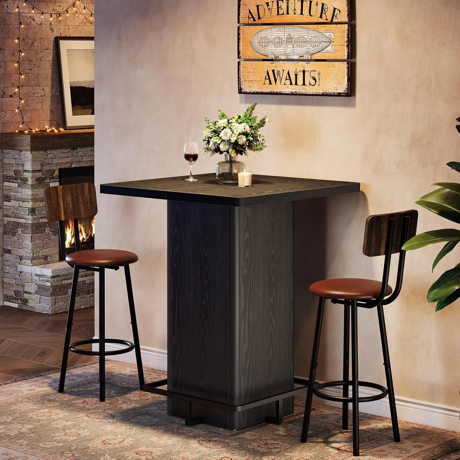 Square Bar Table, 39.37" Bistro Pub Table with Metal Frame Footrest - Image 4