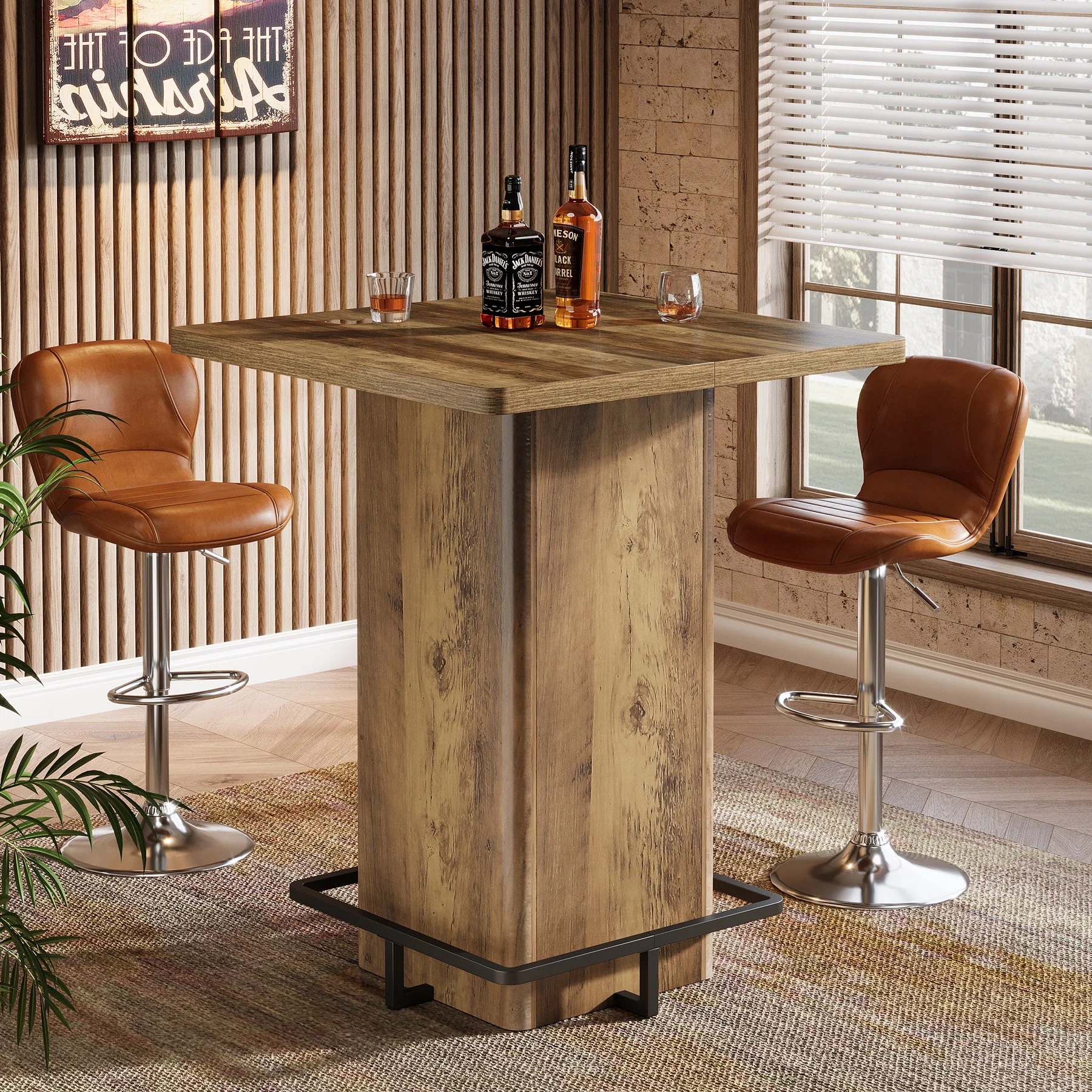 Square Bar Table, 39.37" Bistro Pub Table with Metal Frame Footrest - Image 8