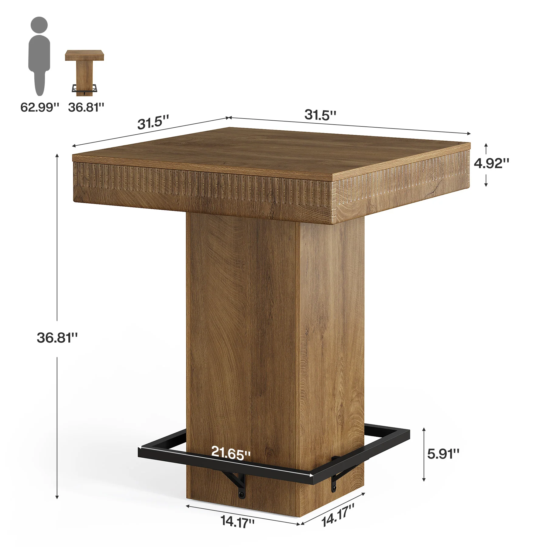 Square Bar Table, Industrial Bistro Pub Table with Metal Footrest - Image 2