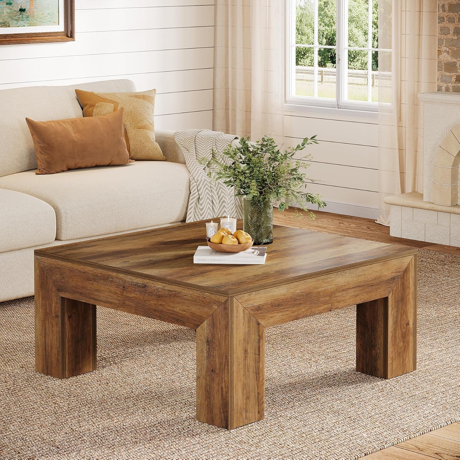 Square Coffee Table, 39.37" Center Tea Accent Table with Sturdy Legs
