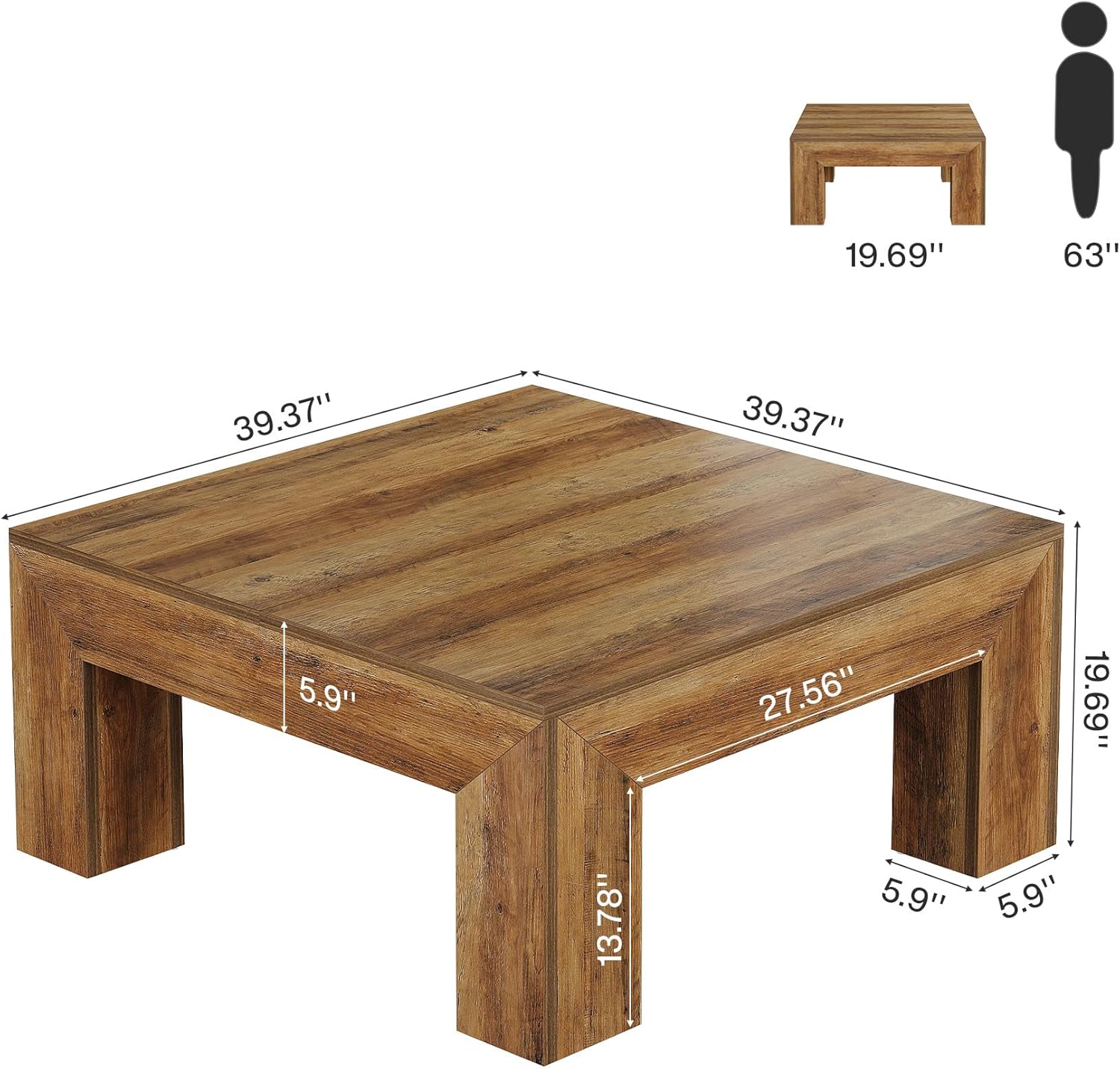Square Coffee Table, 39.37" Center Tea Accent Table with Sturdy Legs - Image 2