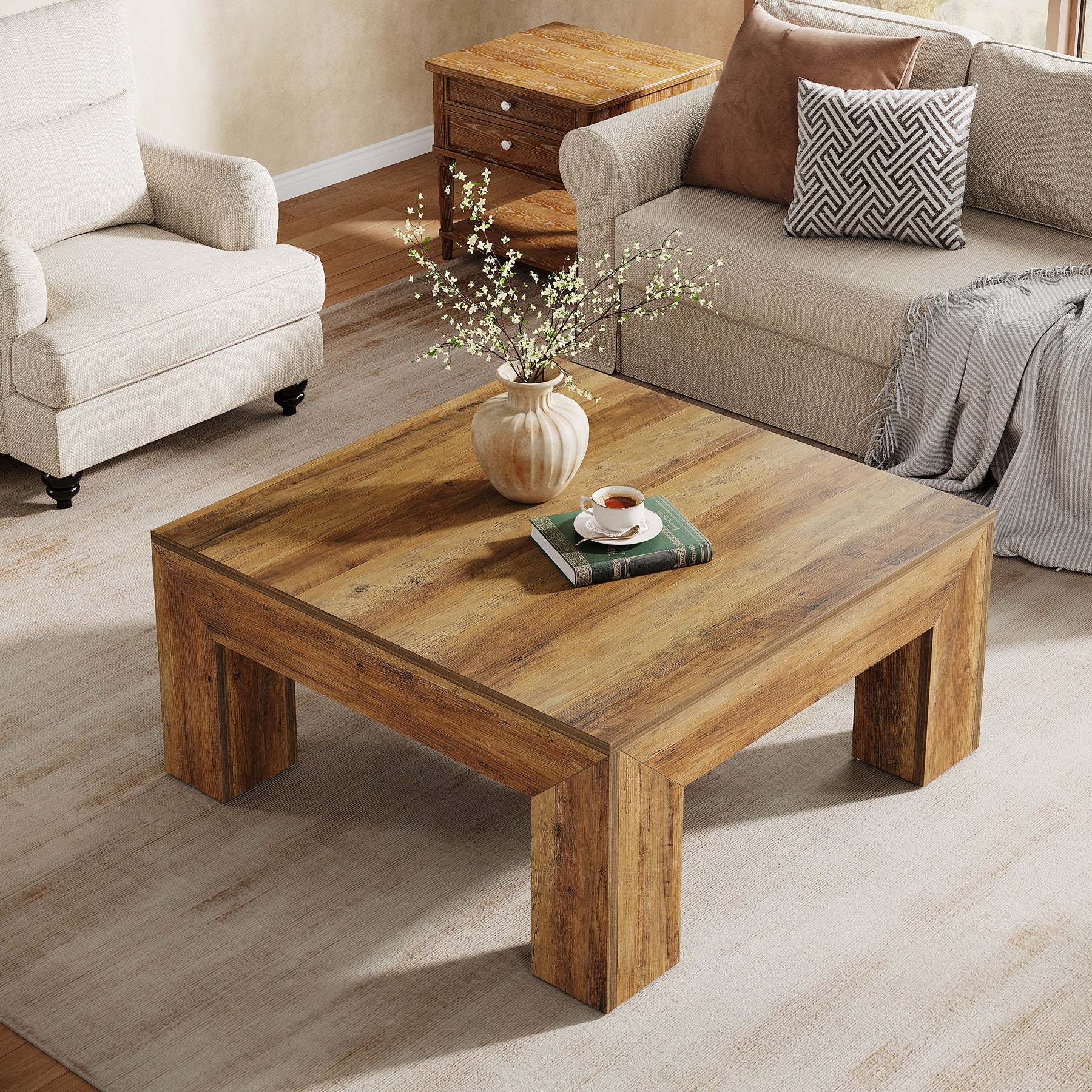 Square Coffee Table, 39.37" Center Tea Accent Table with Sturdy Legs - Image 4