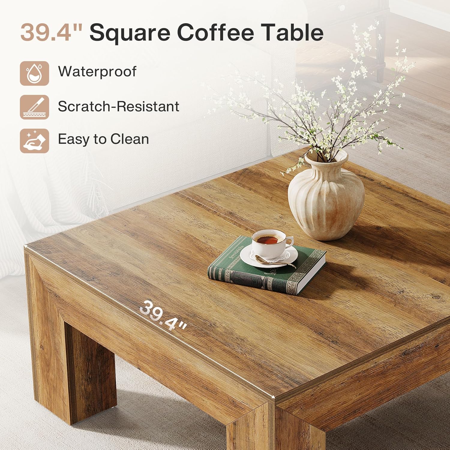 Square Coffee Table, 39.37" Center Tea Accent Table with Sturdy Legs - Image 8