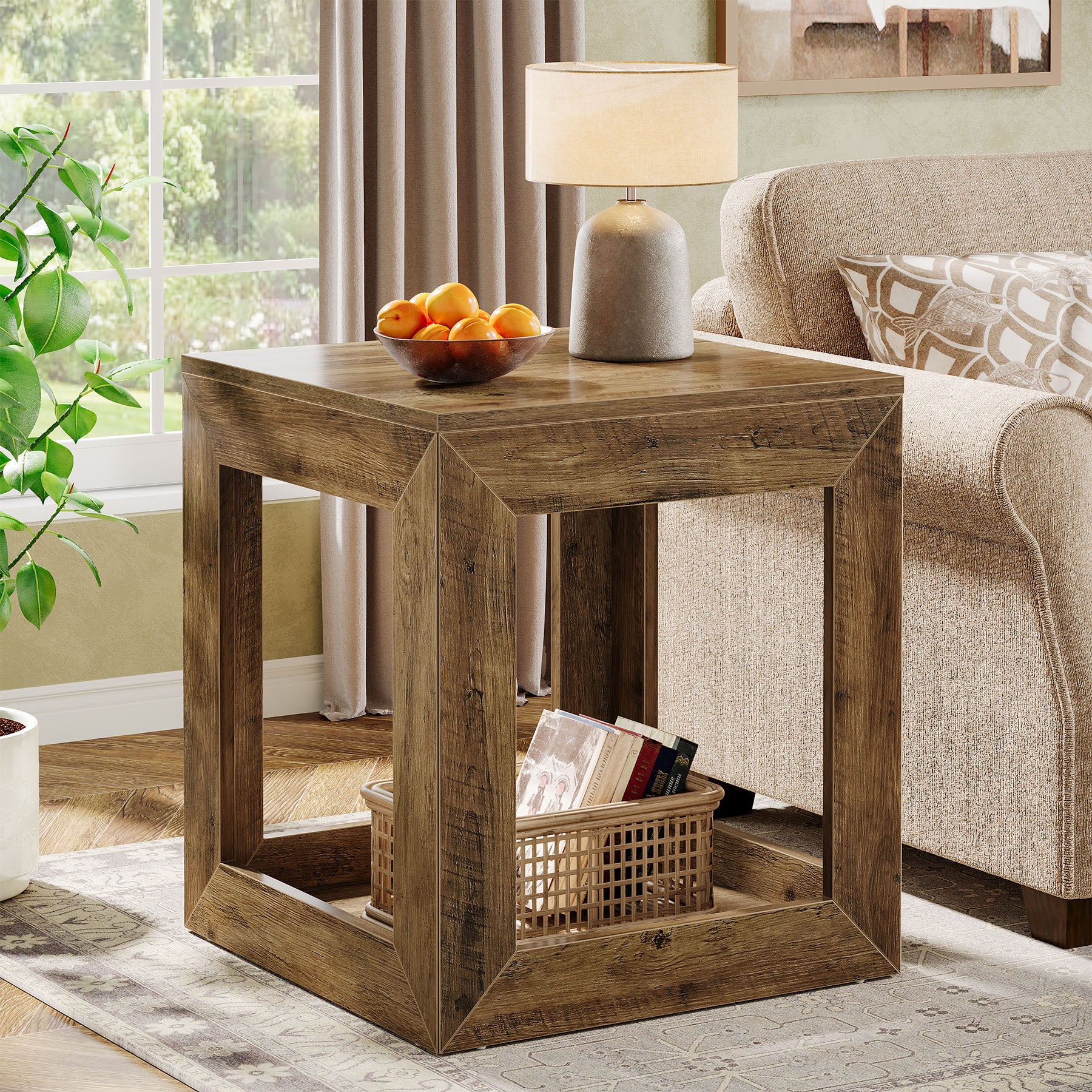 Square End Table, 19.7" Side Table Nightstand with 2-Tier Storage Shelf
