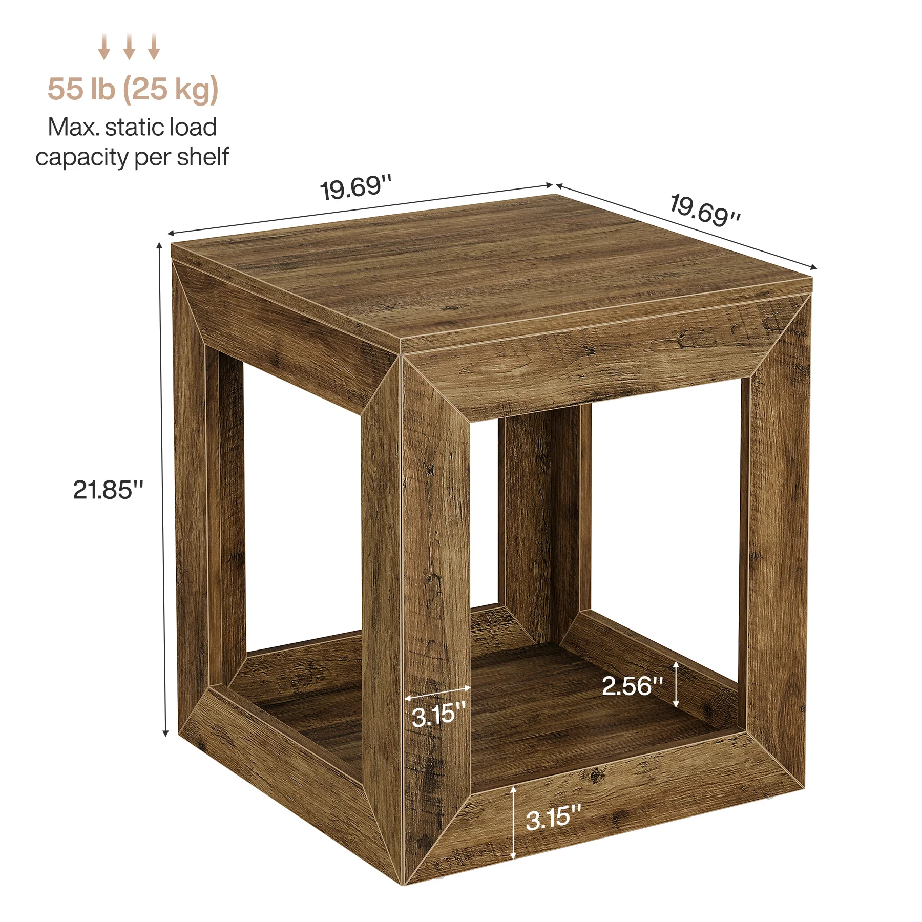 Square End Table, 19.7" Side Table Nightstand with 2-Tier Storage Shelf - Image 2