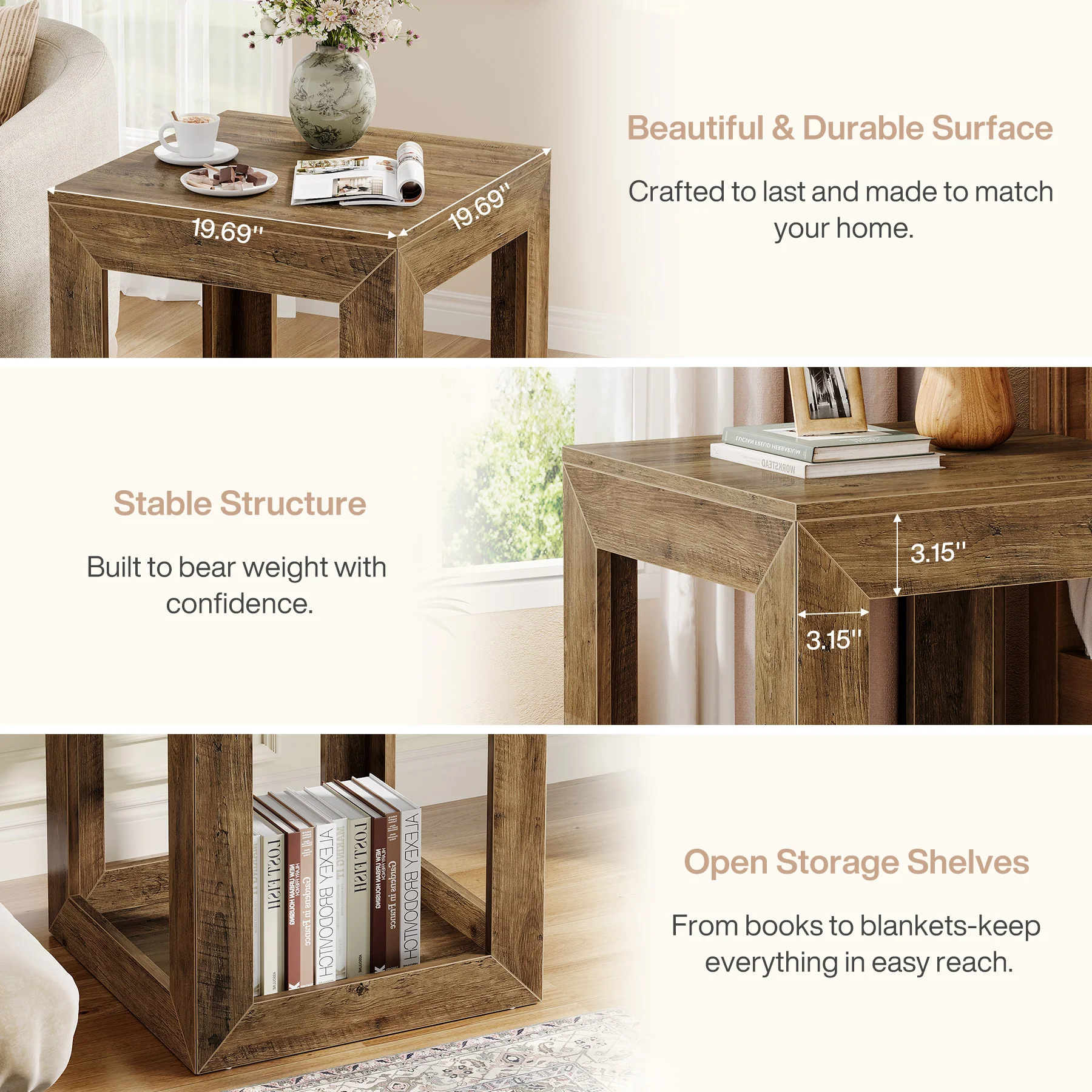 Square End Table, 19.7" Side Table Nightstand with 2-Tier Storage Shelf - Image 6