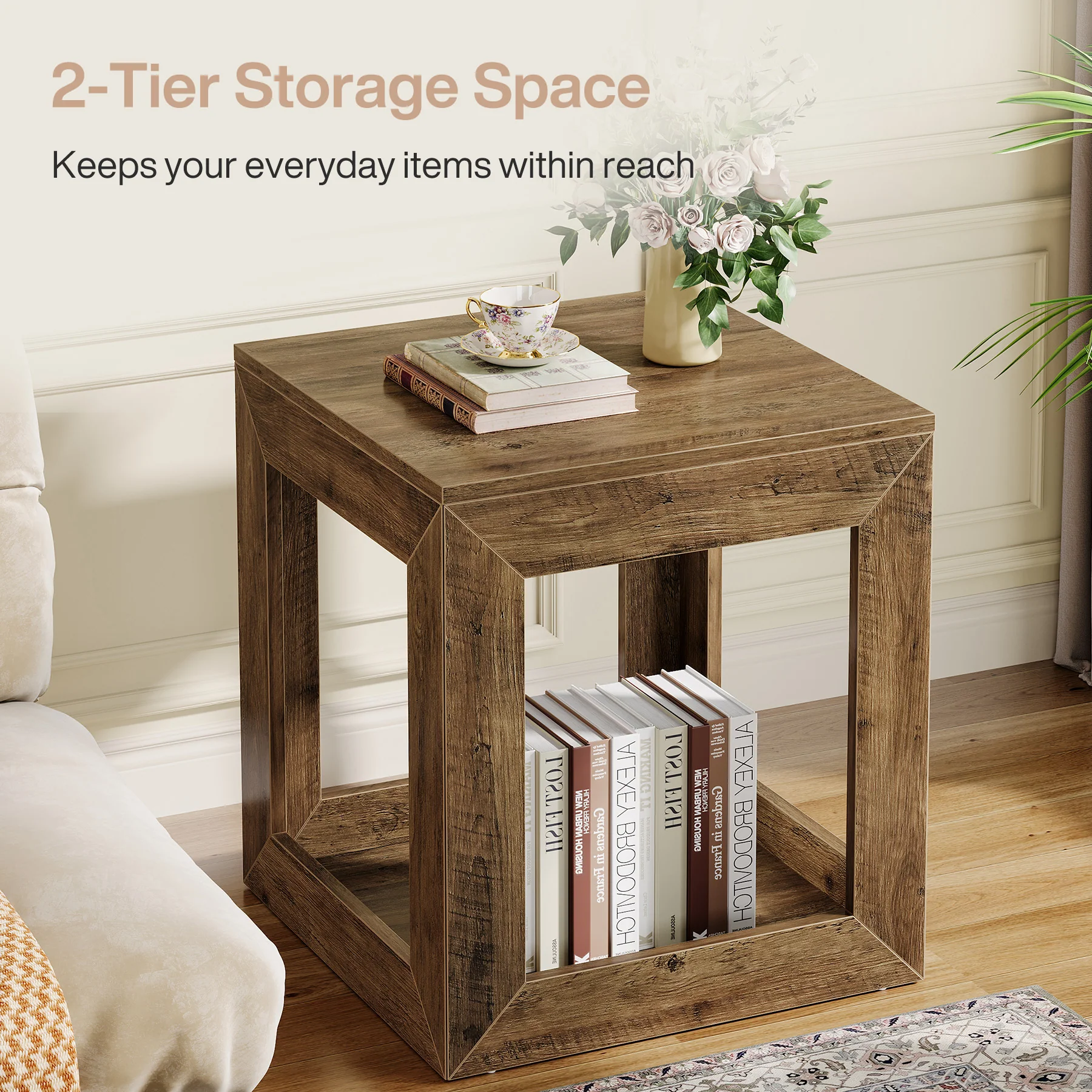 Square End Table, 19.7" Side Table Nightstand with 2-Tier Storage Shelf - Image 8