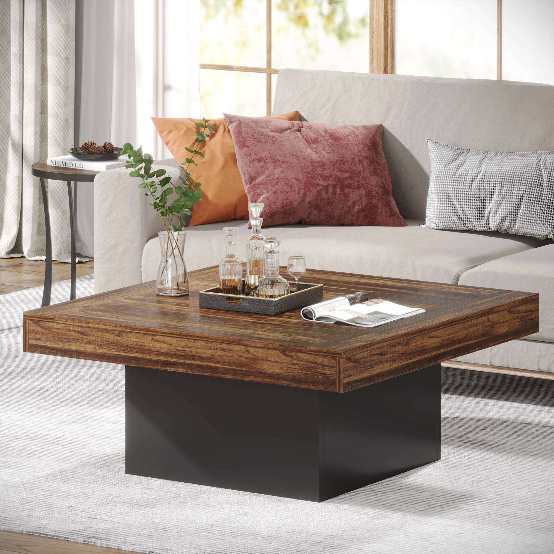 35-Inch Square Farmhouse Coffee Table with LED Light for Living Room - Image 3