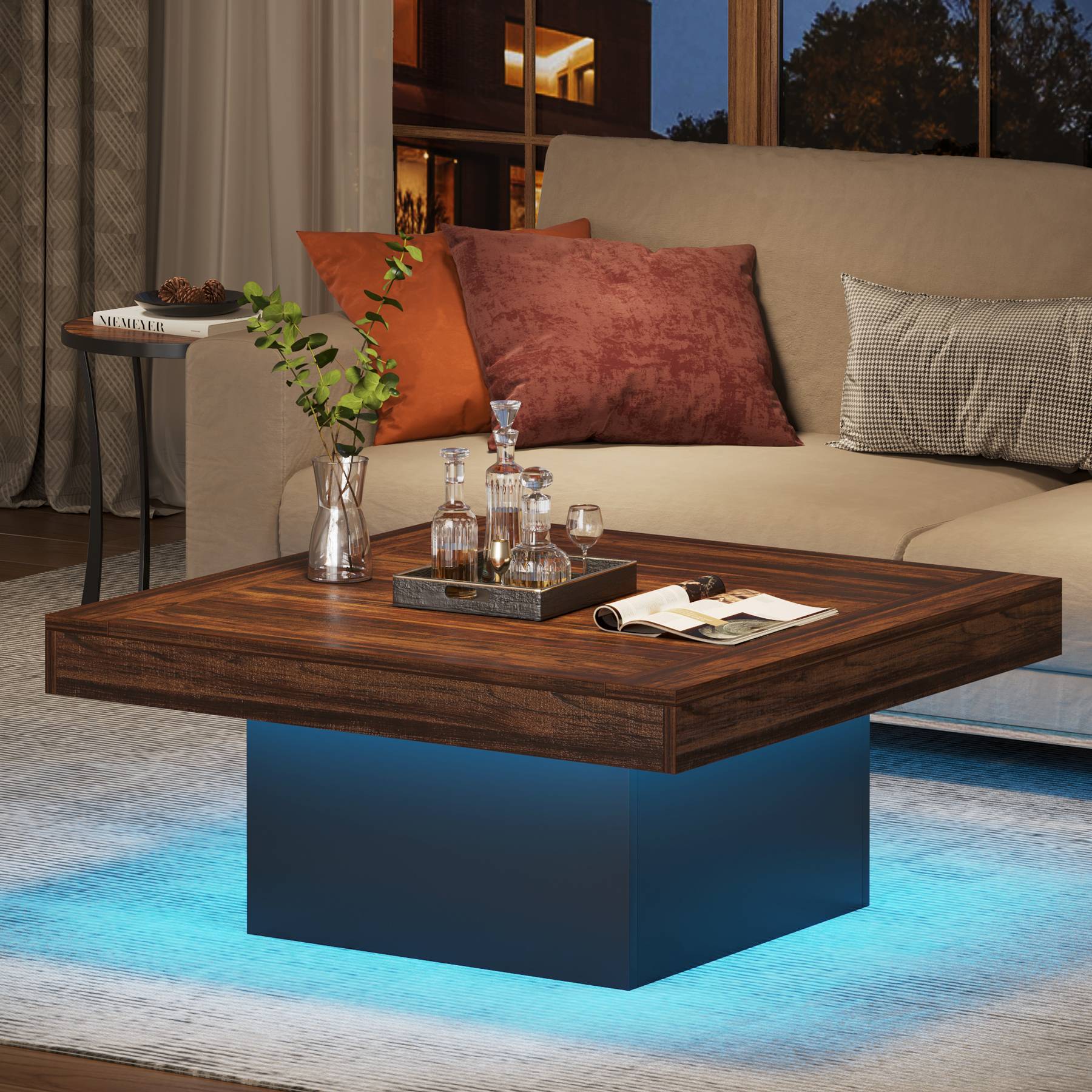 35-Inch Square Farmhouse Coffee Table with LED Light for Living Room - Image 4