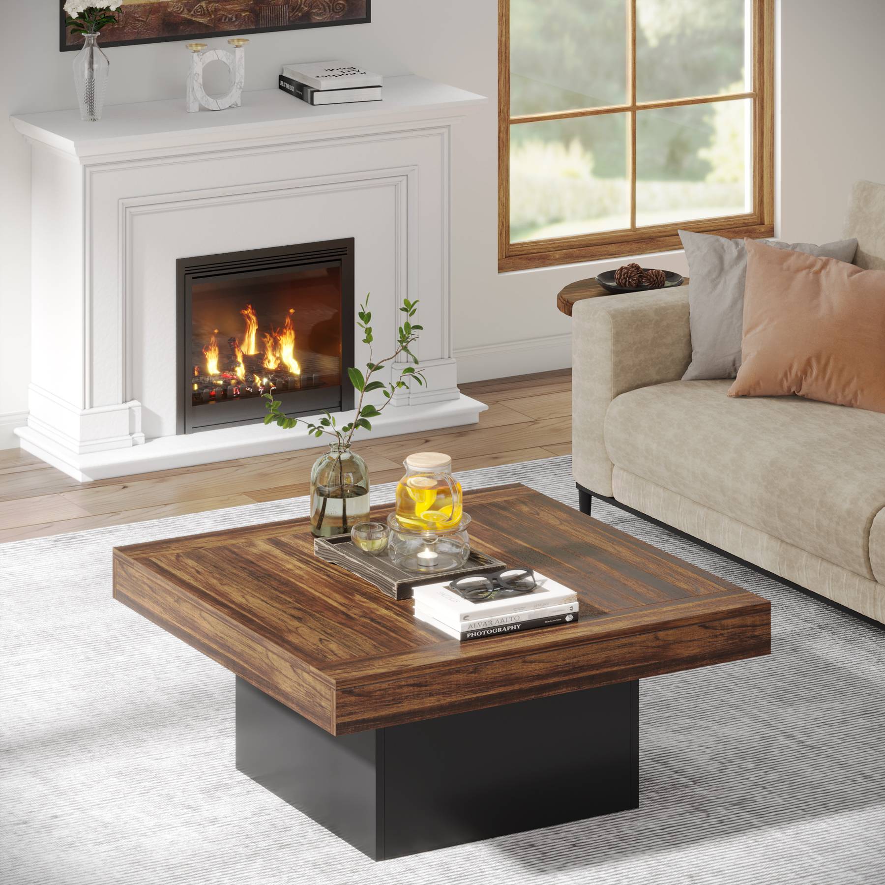 35-Inch Square Farmhouse Coffee Table with LED Light for Living Room - Image 5
