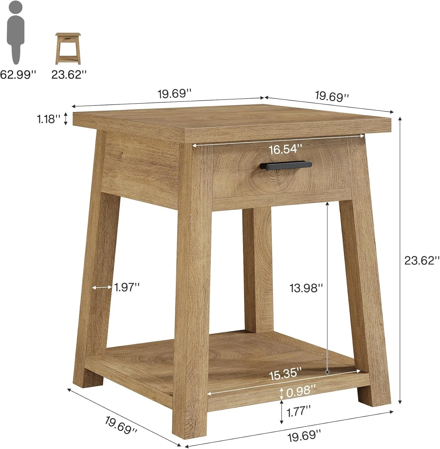 Square Nightstand with Drawer, Accent Bedside Table with Open Shelf for Bedroom - Image 2