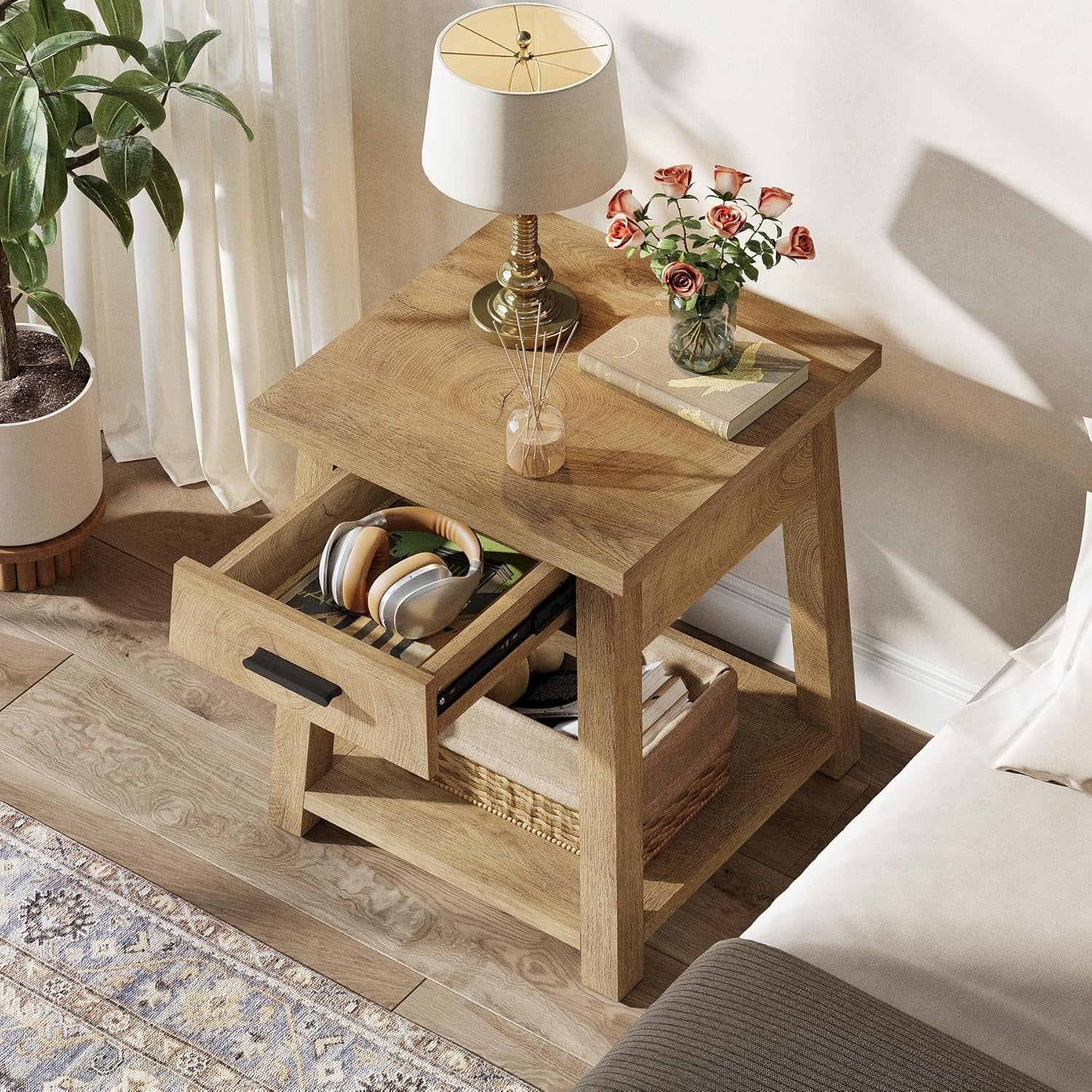 Square Nightstand with Drawer, Accent Bedside Table with Open Shelf for Bedroom - Image 5