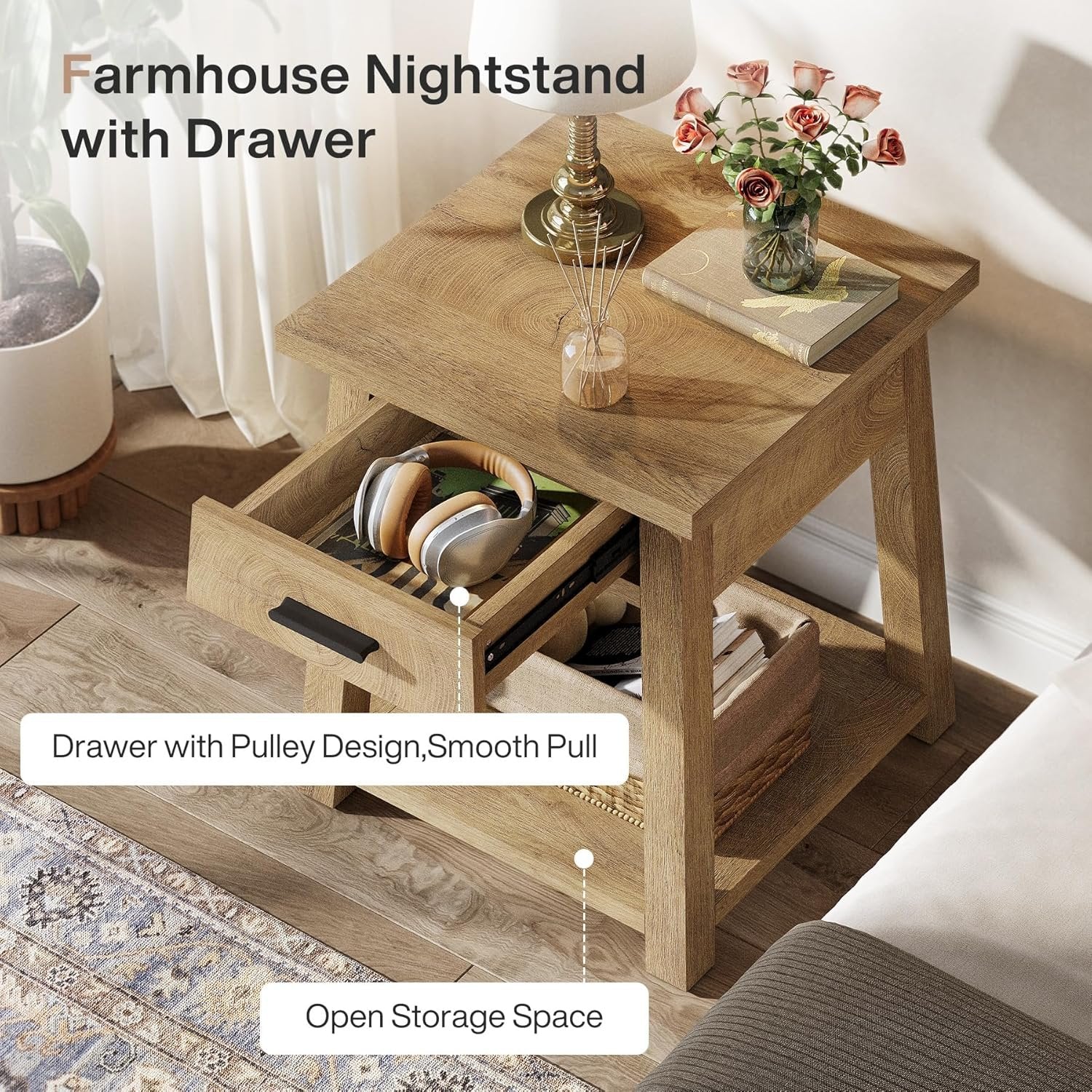 Square Nightstand with Drawer, Accent Bedside Table with Open Shelf for Bedroom - Image 6