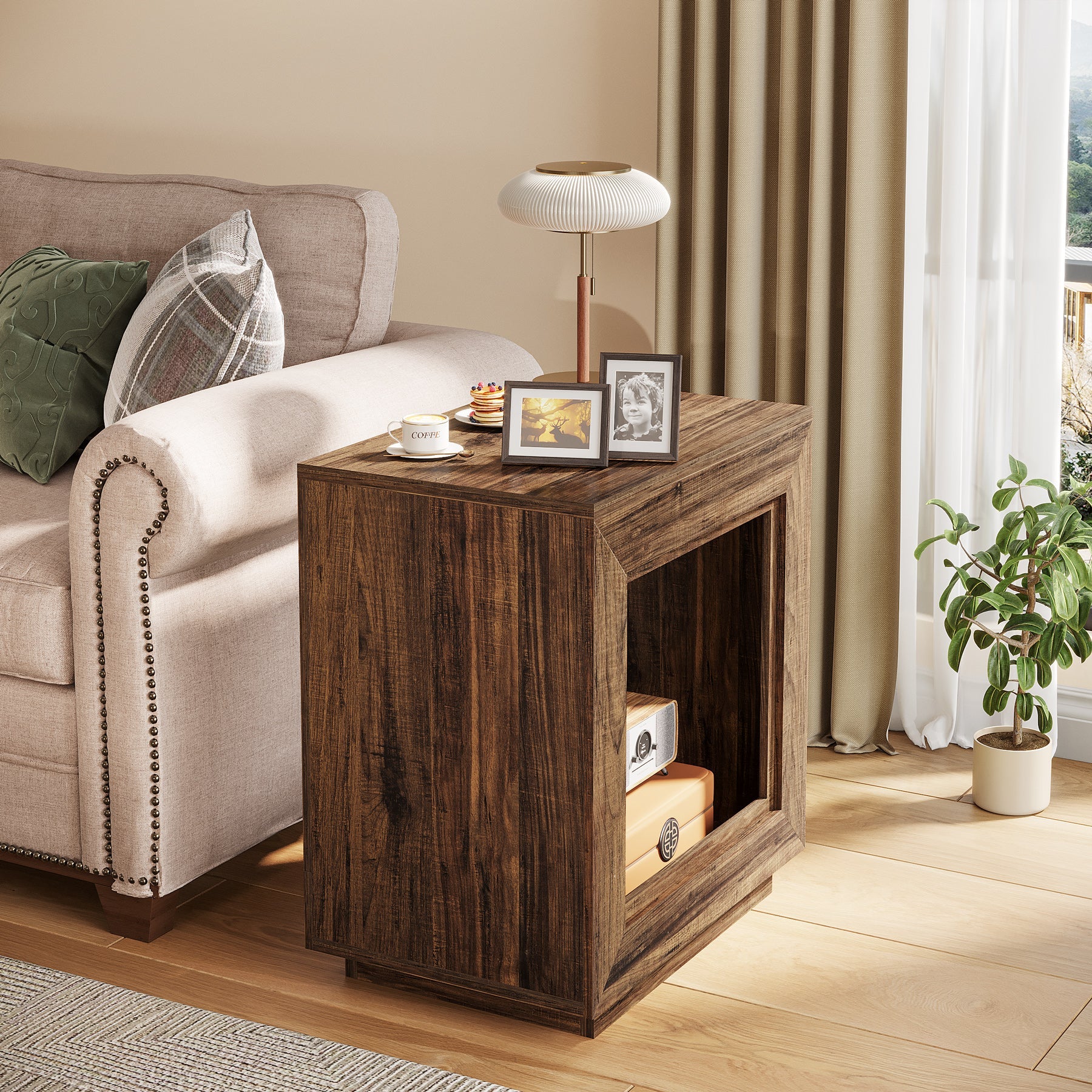 Wood End Table, Square Side Table Nightstands with Storage - Image 3