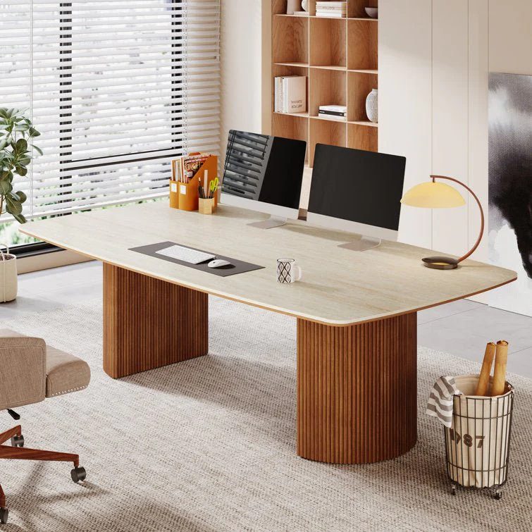 78.7" Executive Desk, Travertine Slab Computer Desk With Semi-Circular Base - Image 3
