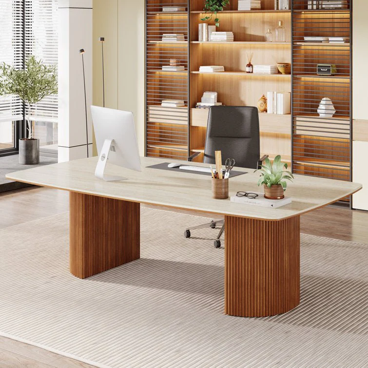 78.7" Executive Desk, Travertine Slab Computer Desk With Semi-Circular Base - Image 4