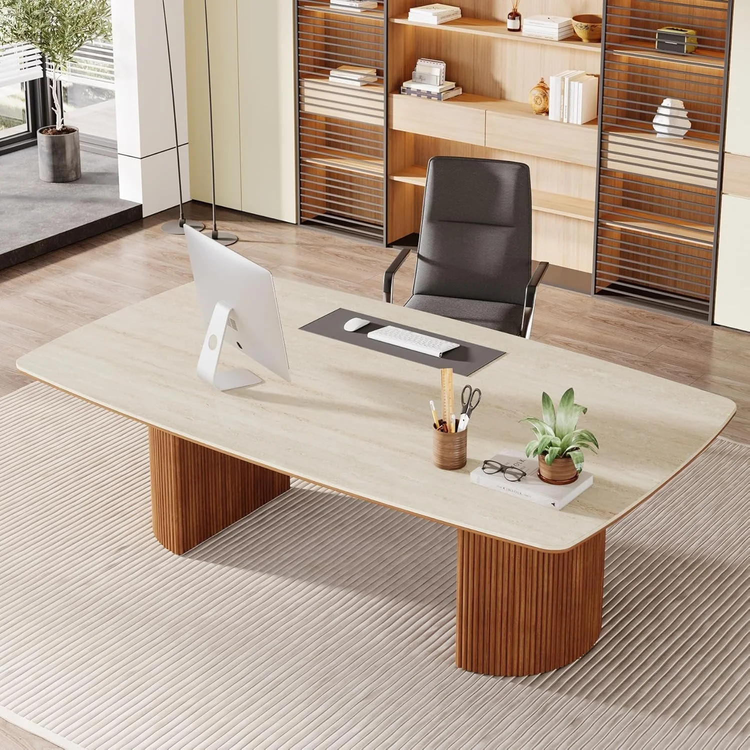 78.7" Executive Desk, Travertine Slab Computer Desk With Semi-Circular Base - Image 5
