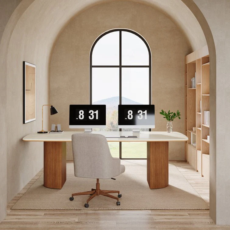 78.7" Executive Desk, Travertine Slab Computer Desk With Semi-Circular Base - Image 6