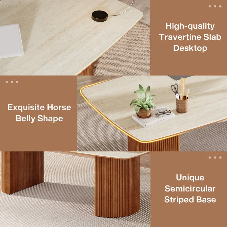 78.7" Executive Desk, Travertine Slab Computer Desk With Semi-Circular Base - Image 7