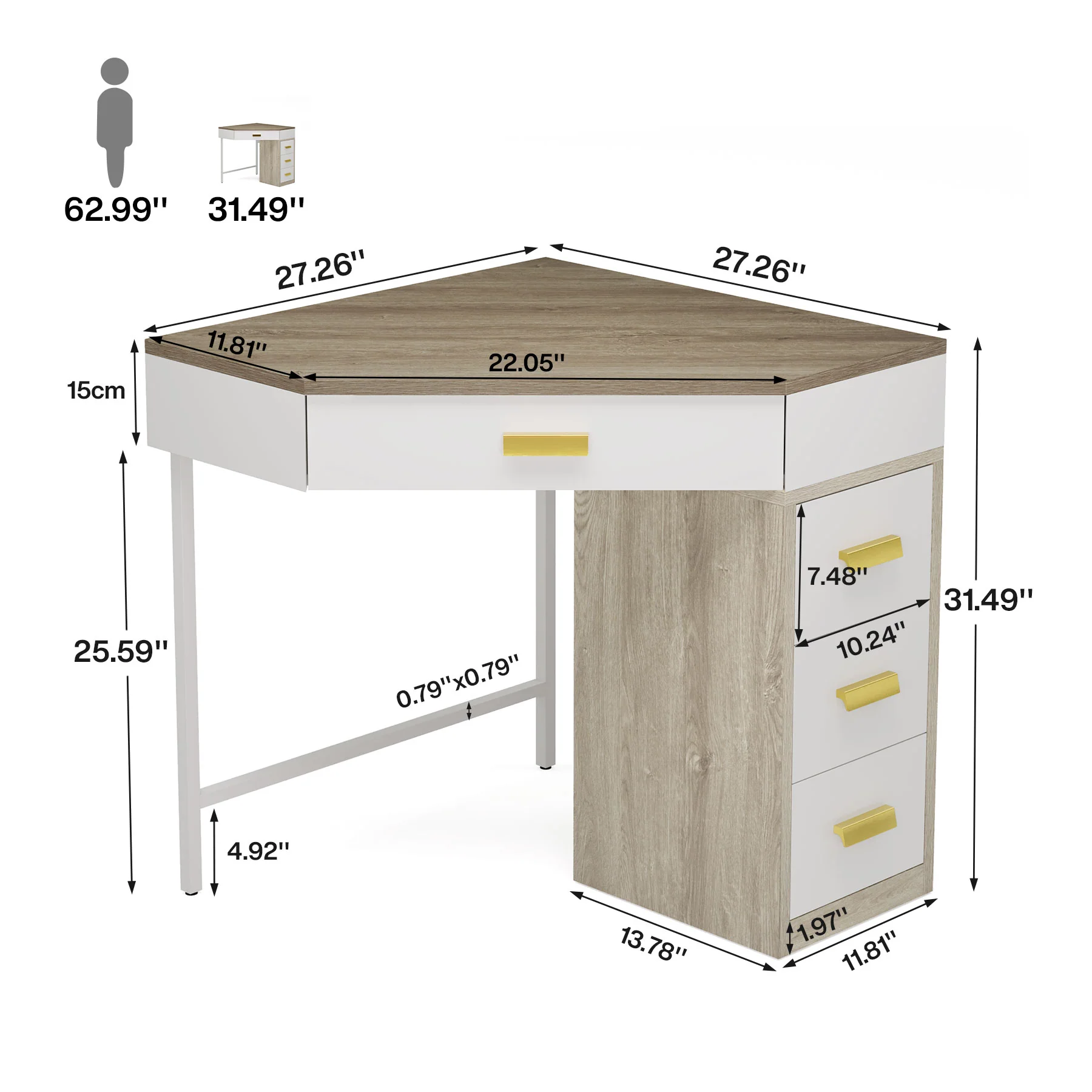 Corner Desk, Triangle Computer Desk Makeup Vanity Desk with 3 Drawers - Image 2