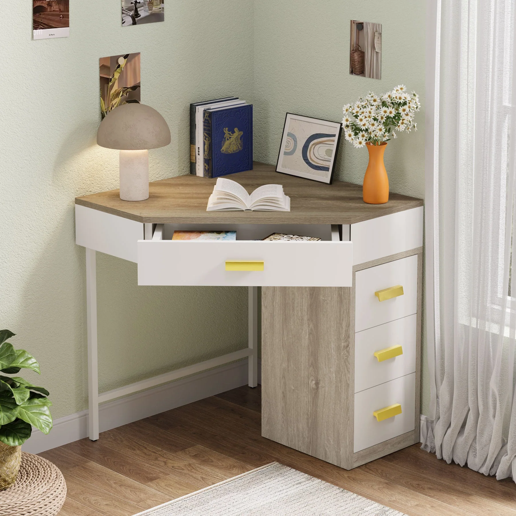 Corner Desk, Triangle Computer Desk Makeup Vanity Desk with 3 Drawers - Image 4