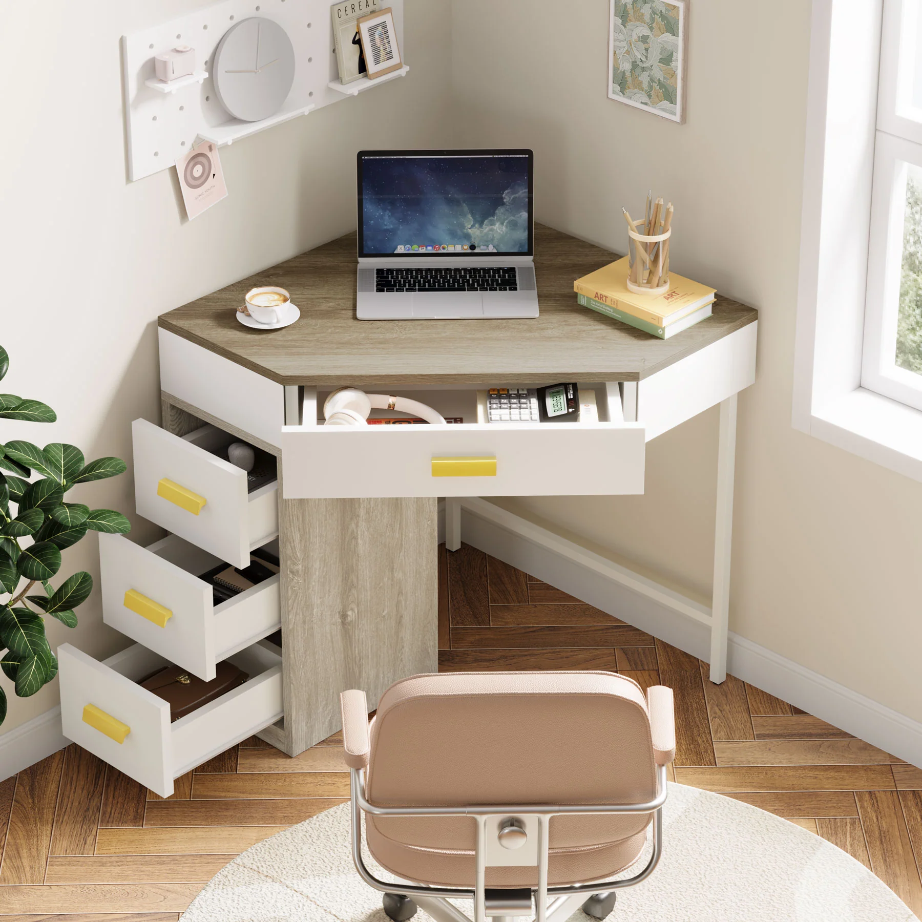 Corner Desk, Triangle Computer Desk Makeup Vanity Desk with 3 Drawers - Image 5