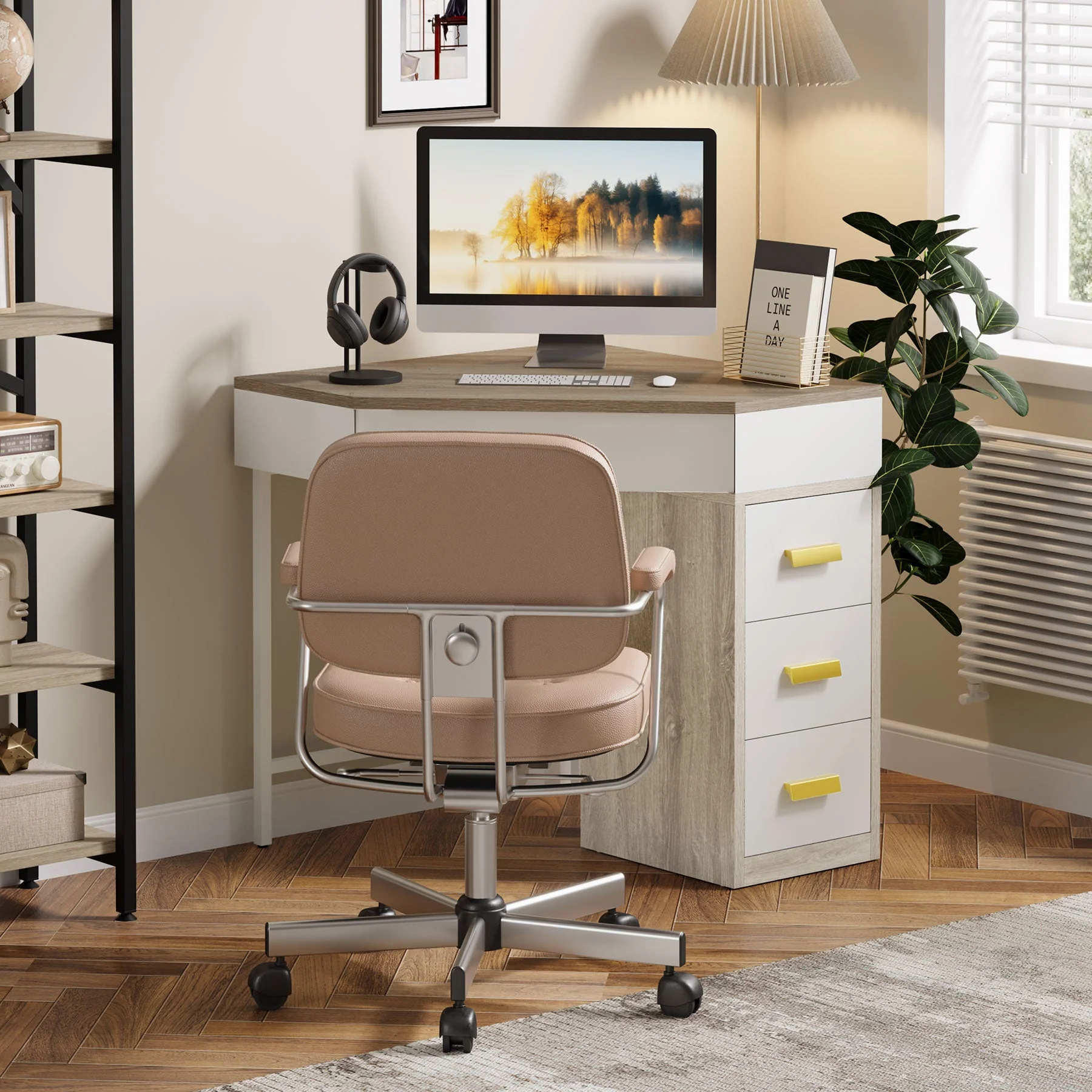 Corner Desk, Triangle Computer Desk Makeup Vanity Desk with 3 Drawers - Image 6