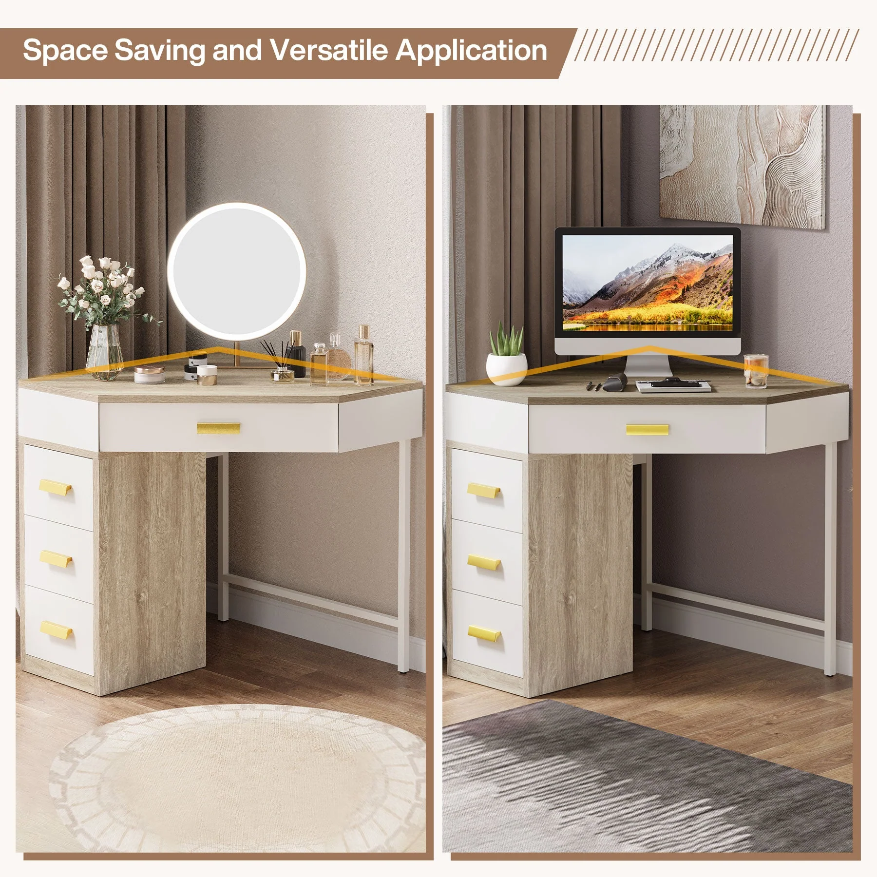 Corner Desk, Triangle Computer Desk Makeup Vanity Desk with 3 Drawers - Image 7