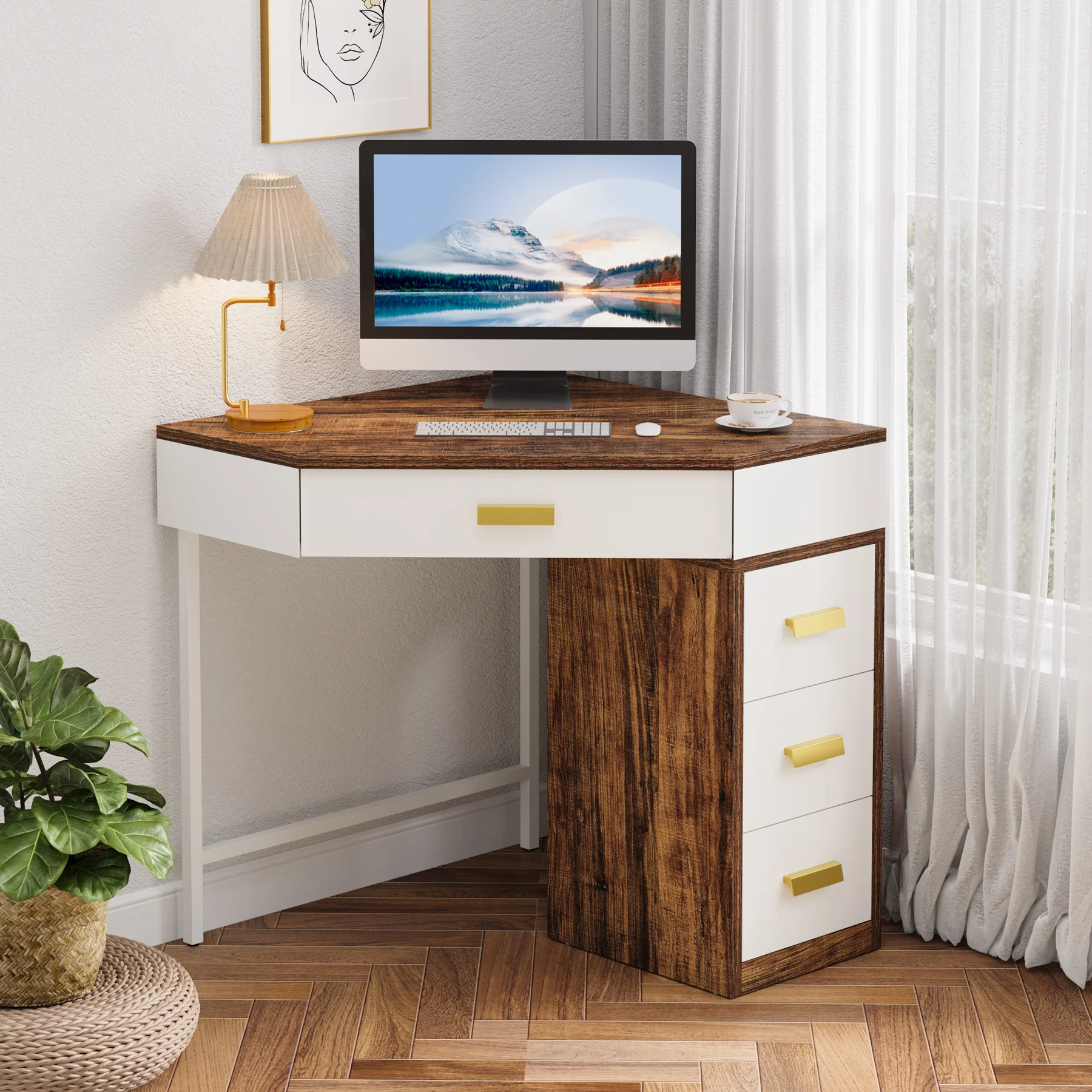 Corner Desk, Triangle Computer Desk Makeup Vanity Desk with 3 Drawers - Image 9